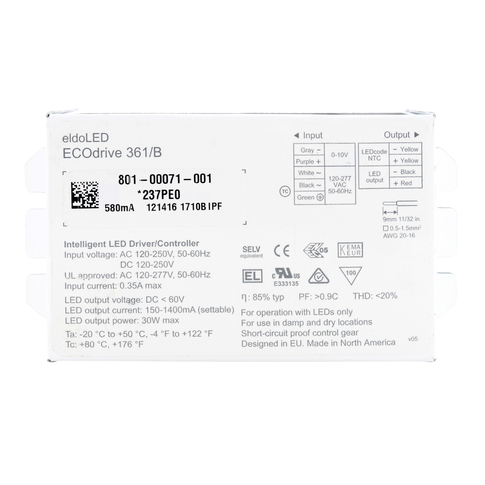 ELDOLED ECODRIVE 361/B INTELLIGENT 0-10V DIMMABLE LED DRIVER, 30W, 120-277V