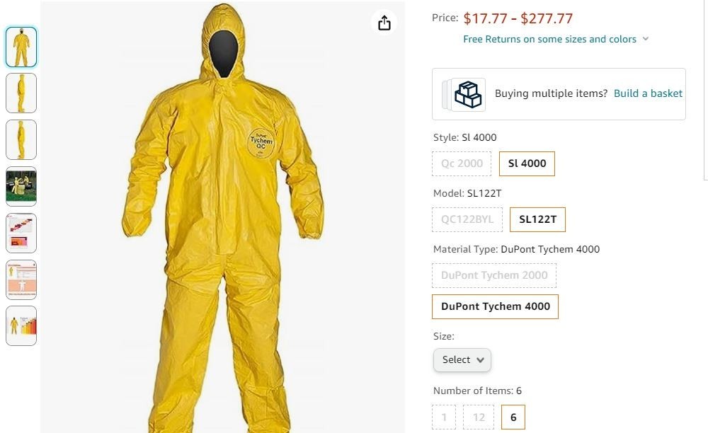 Dupont Tyvek Tychem QC122S Chemical Hazmat Coverall Suit ALL Sizes MD-6XL