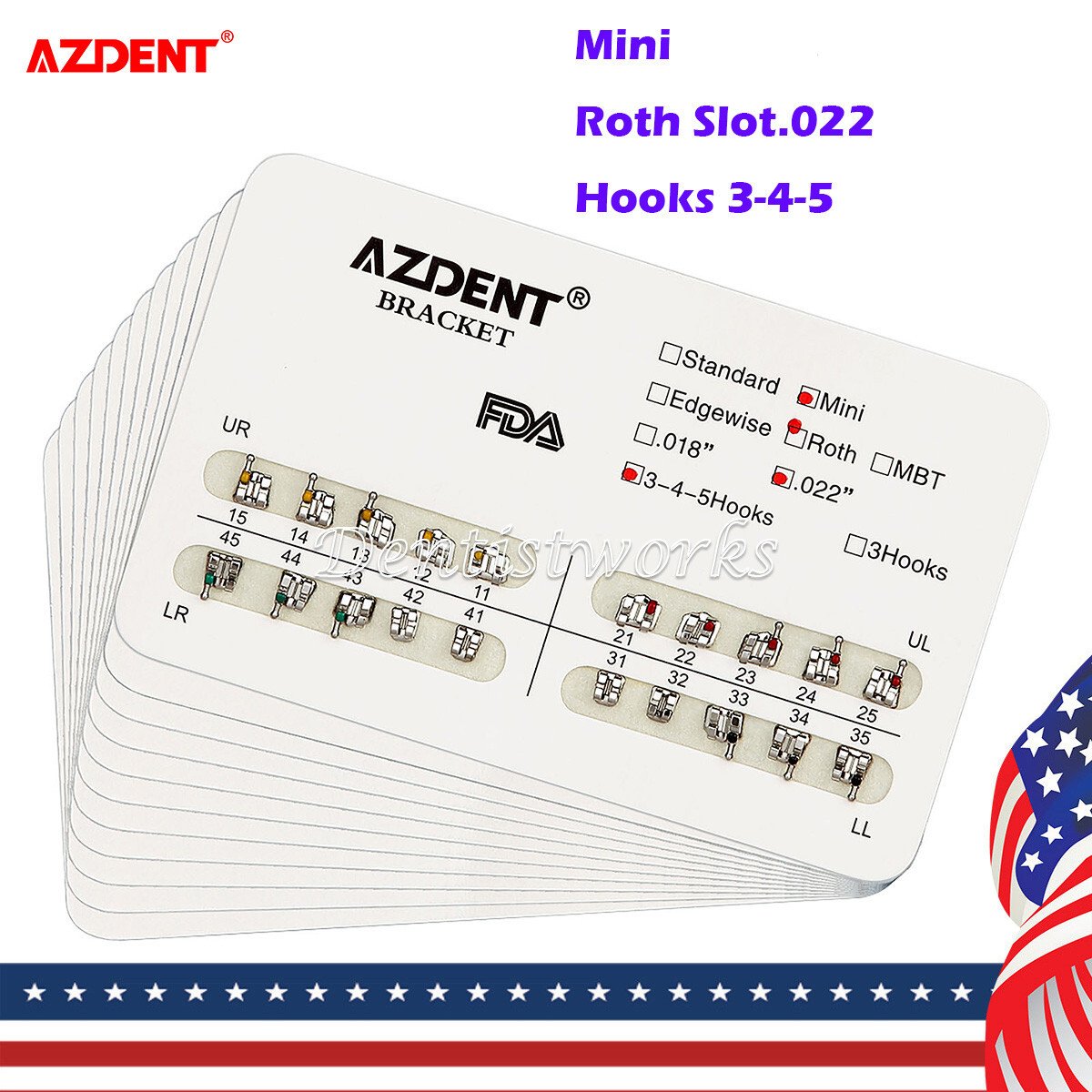 20 Packs AZDENT Dental Orthodontics Brackets Braces MINI Roth Slot.022 Hooks 345