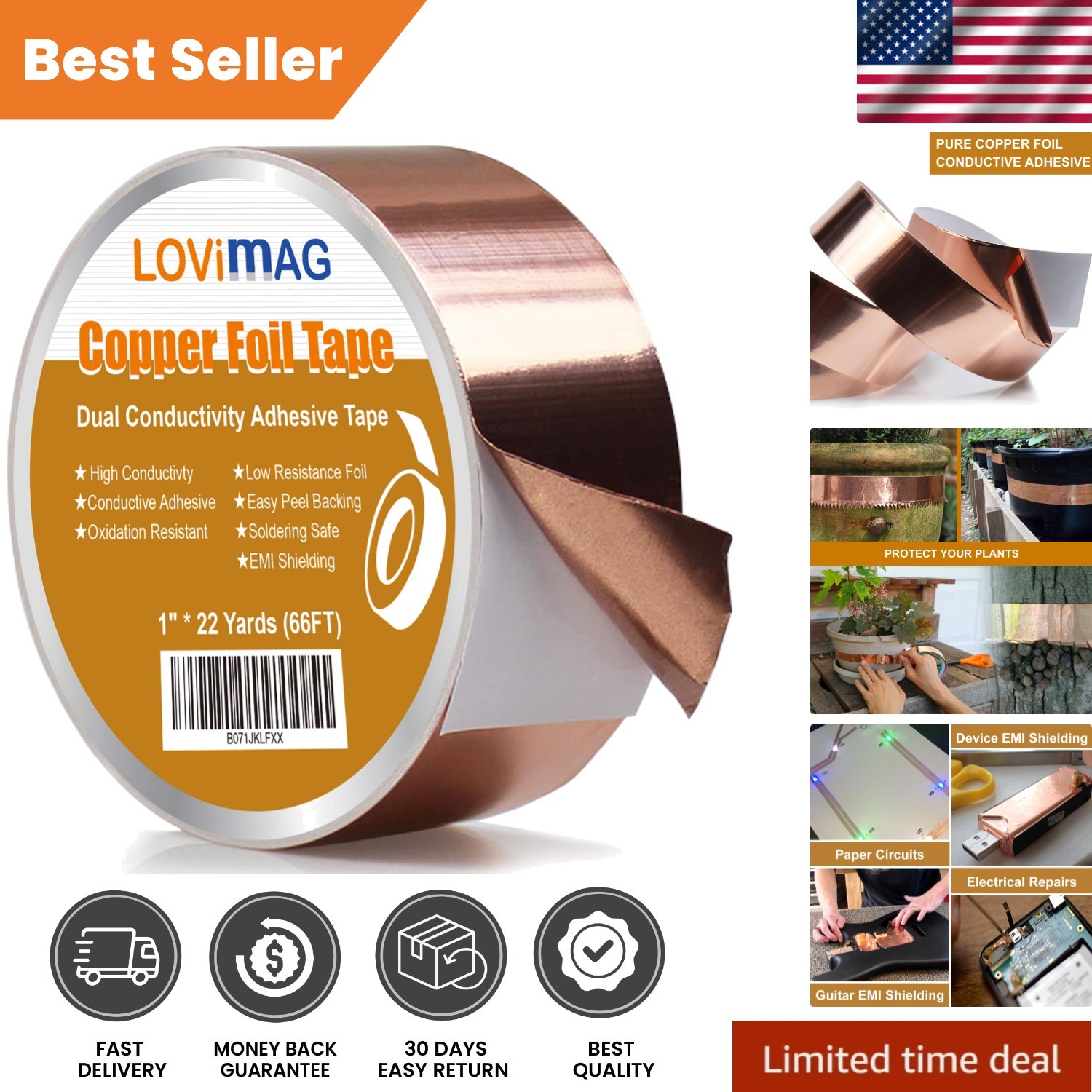Copper Foil Tape (1″X66ft) with Conductive Adhesive for Guitar & EMI Shielding..