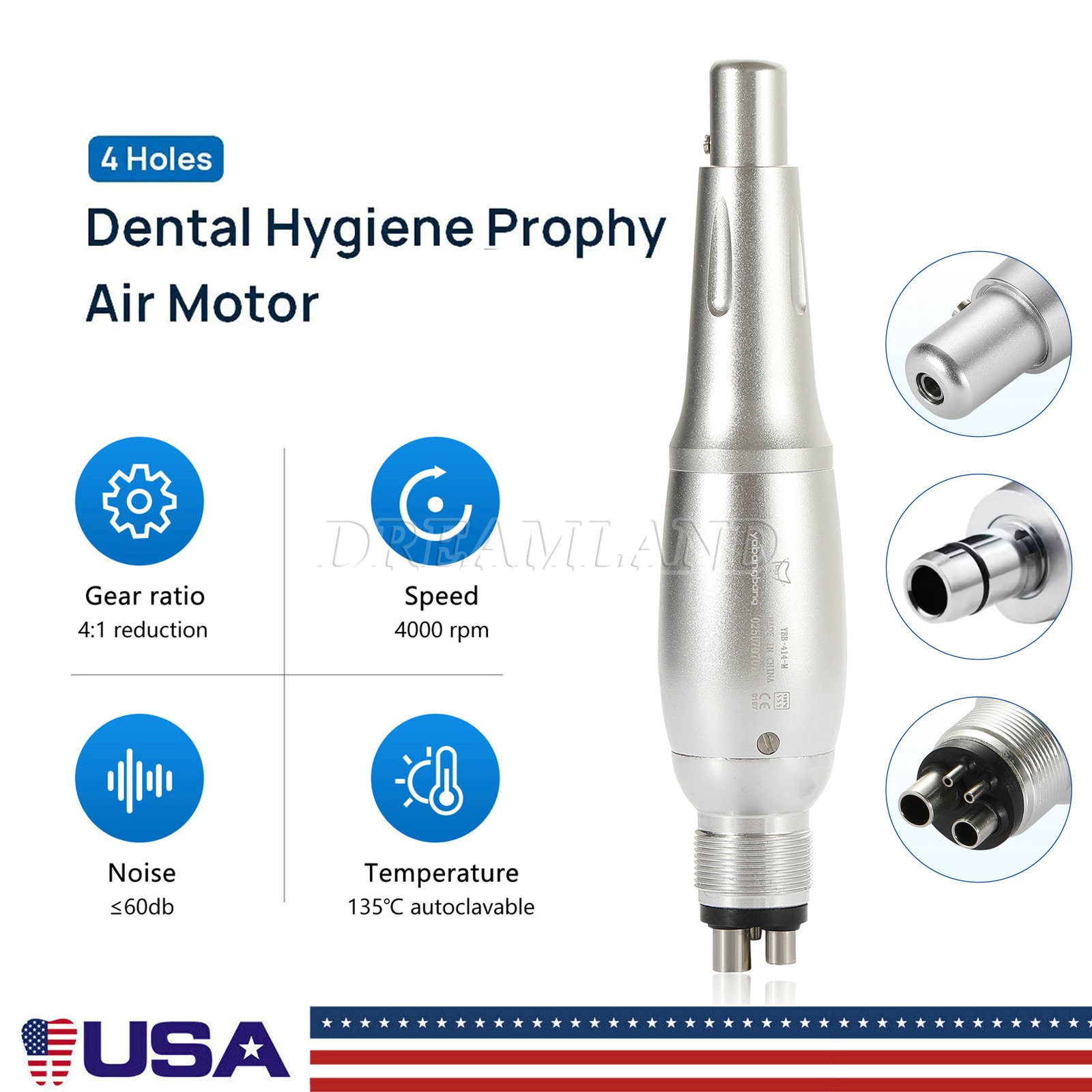 Dental 4:1 Hygiene Prophy Handpiece Air Motor 360° Swivel Straight Cone 4Hole M4