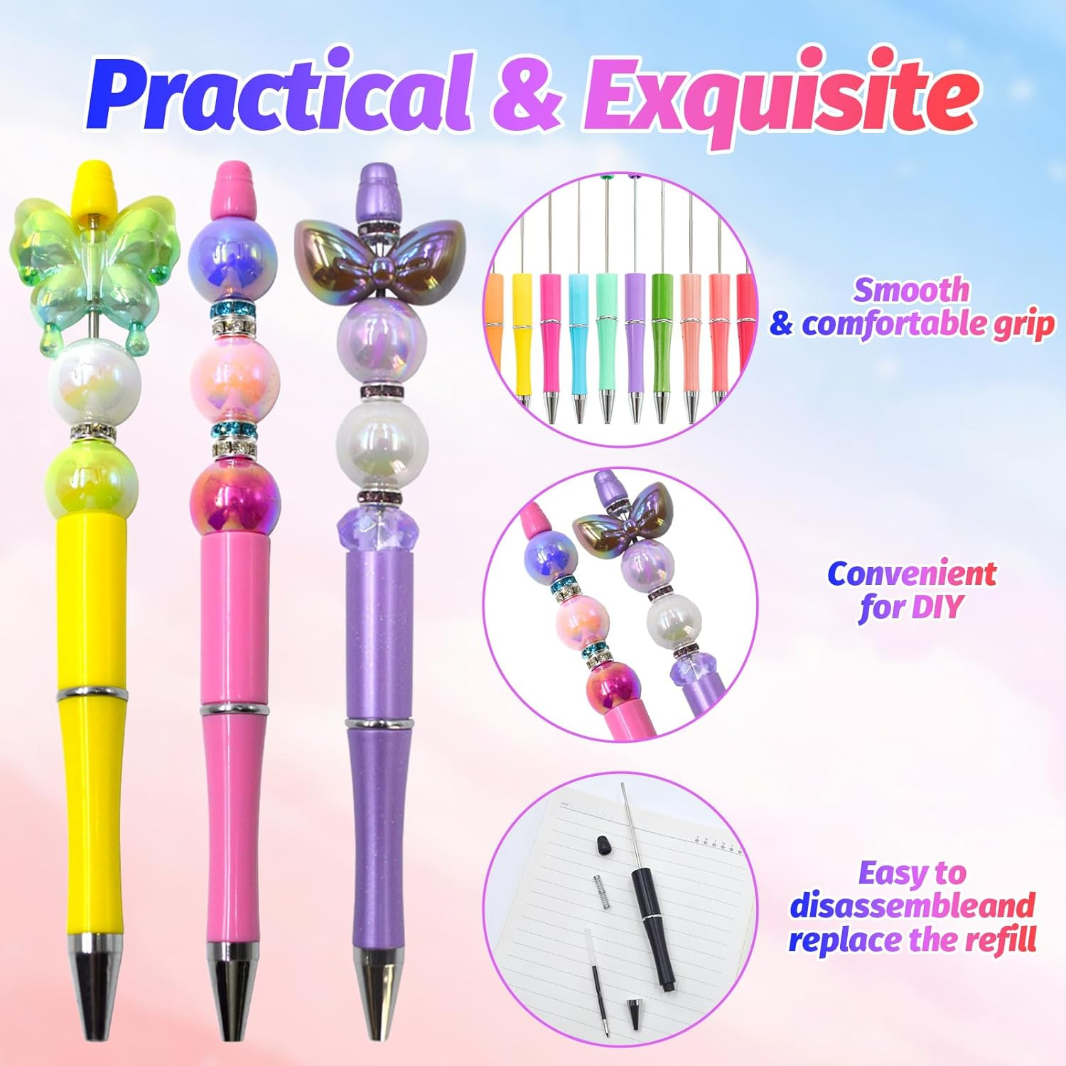 150 Pieces DIY Beadable Pens Kit – 50 Plastic Beadable Pens Bulk, Refills & Pen