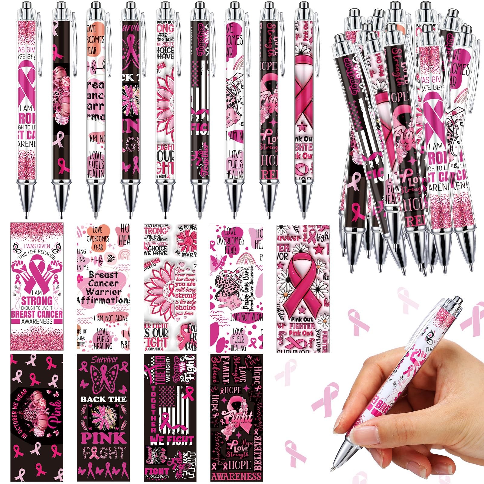 36 PCS Breast Cancer Awareness Pens Pink Ribbon Retractable Ballpoint Ink