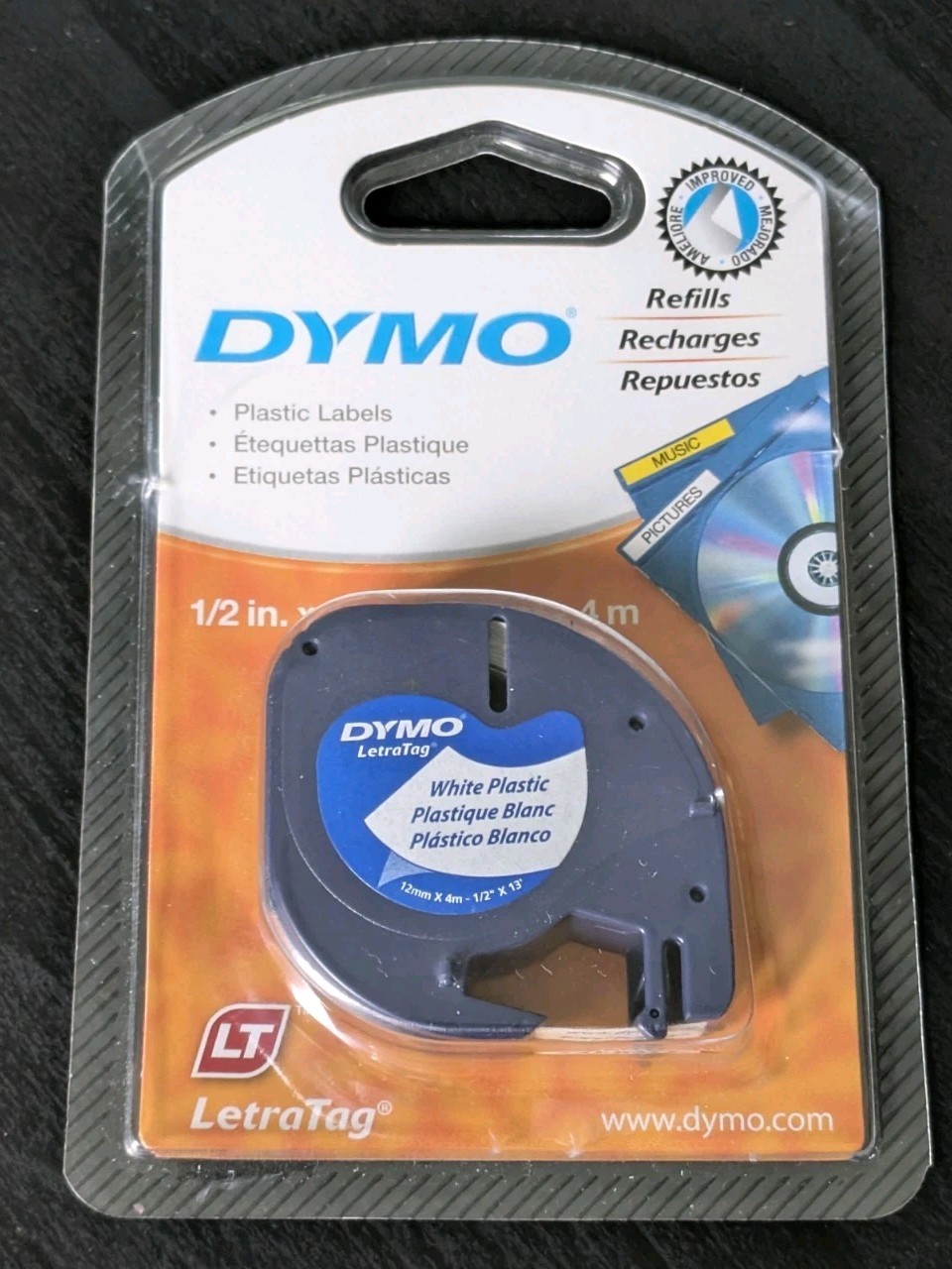 DYMO LetraTag White Plastic Labels Tape 1/2 in. x 13 ft. 12mm X 4 m Refill