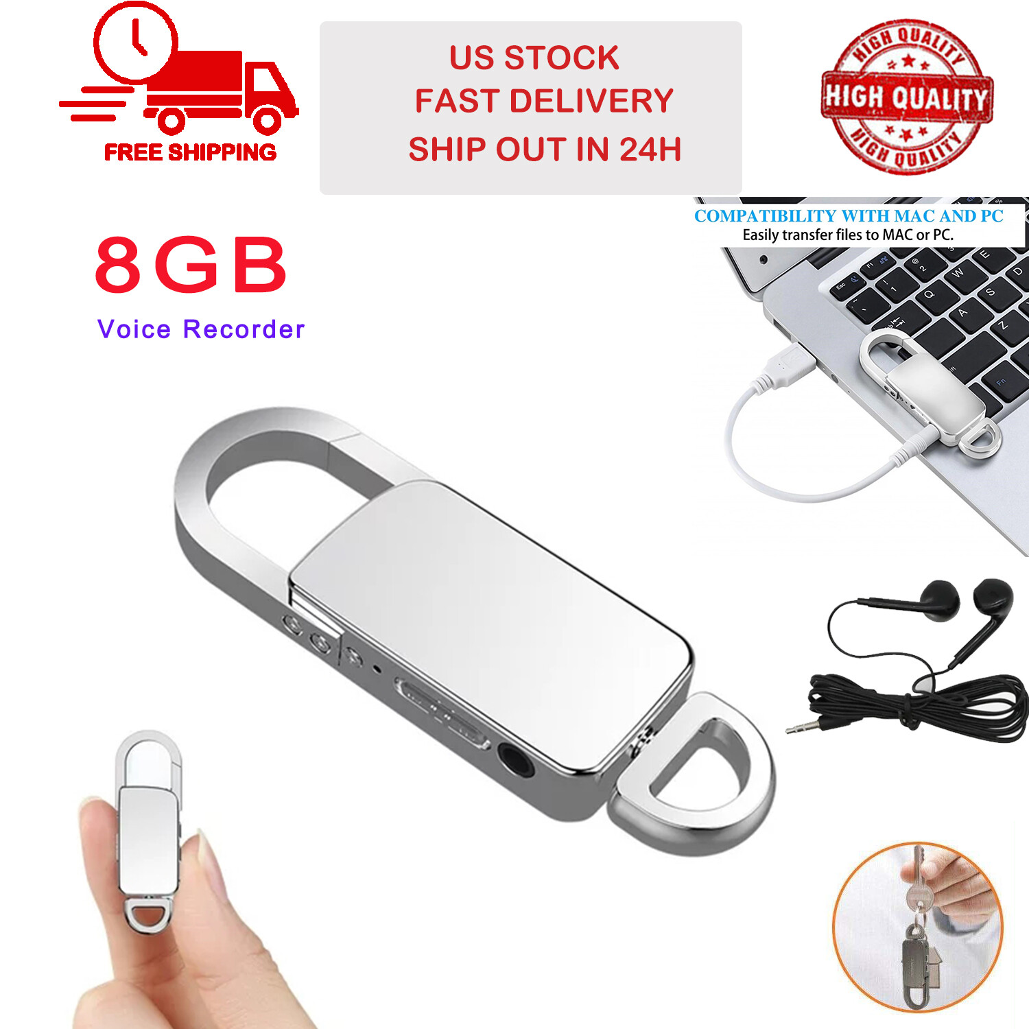 Voice Recorder 8GB Digital Audio Device Activated Sound Tape Dictaphone Keychain