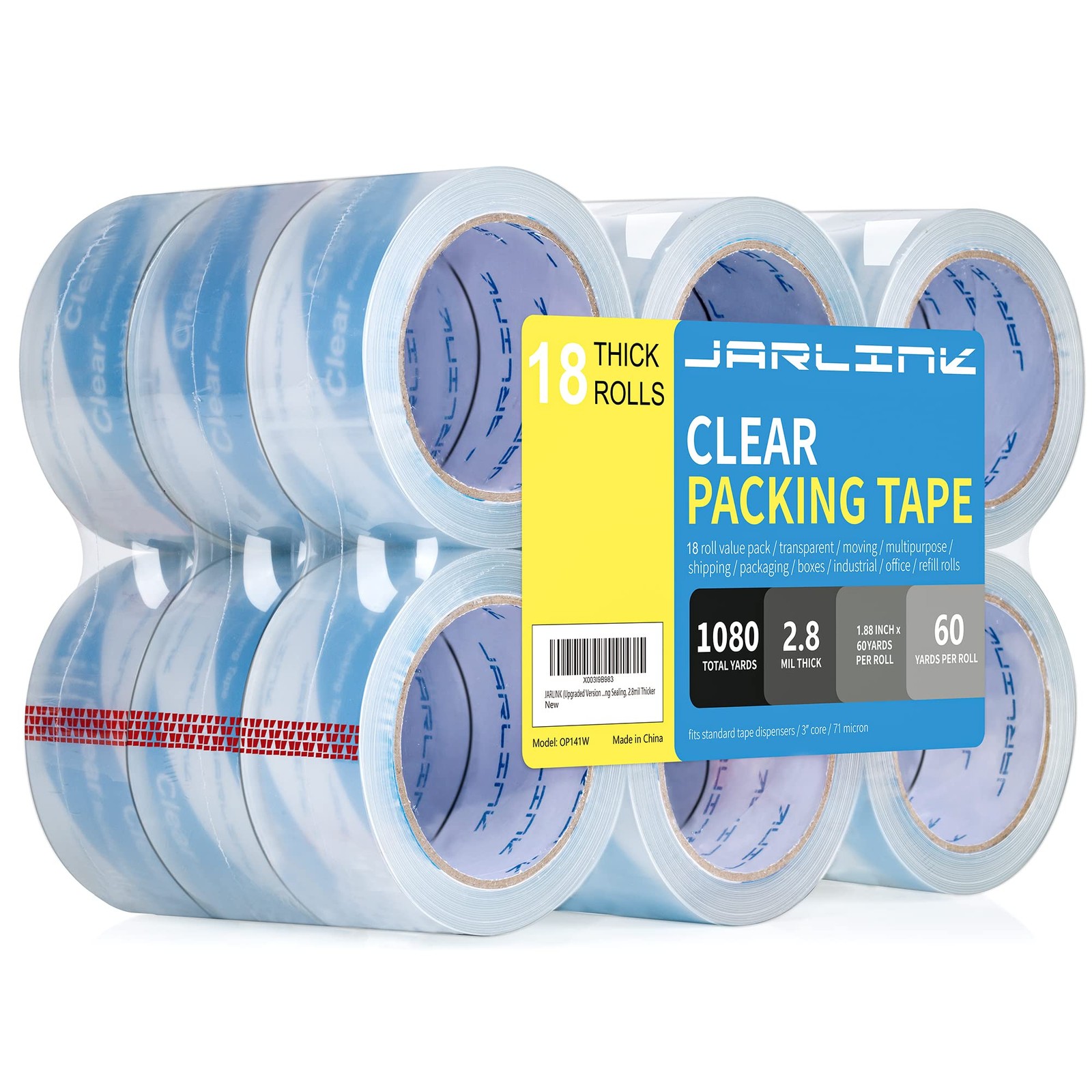 JARLINK Clearer Packing Tape 18 Rolls, 1.88in x 60yd, 2.8mil Thickness, Clear