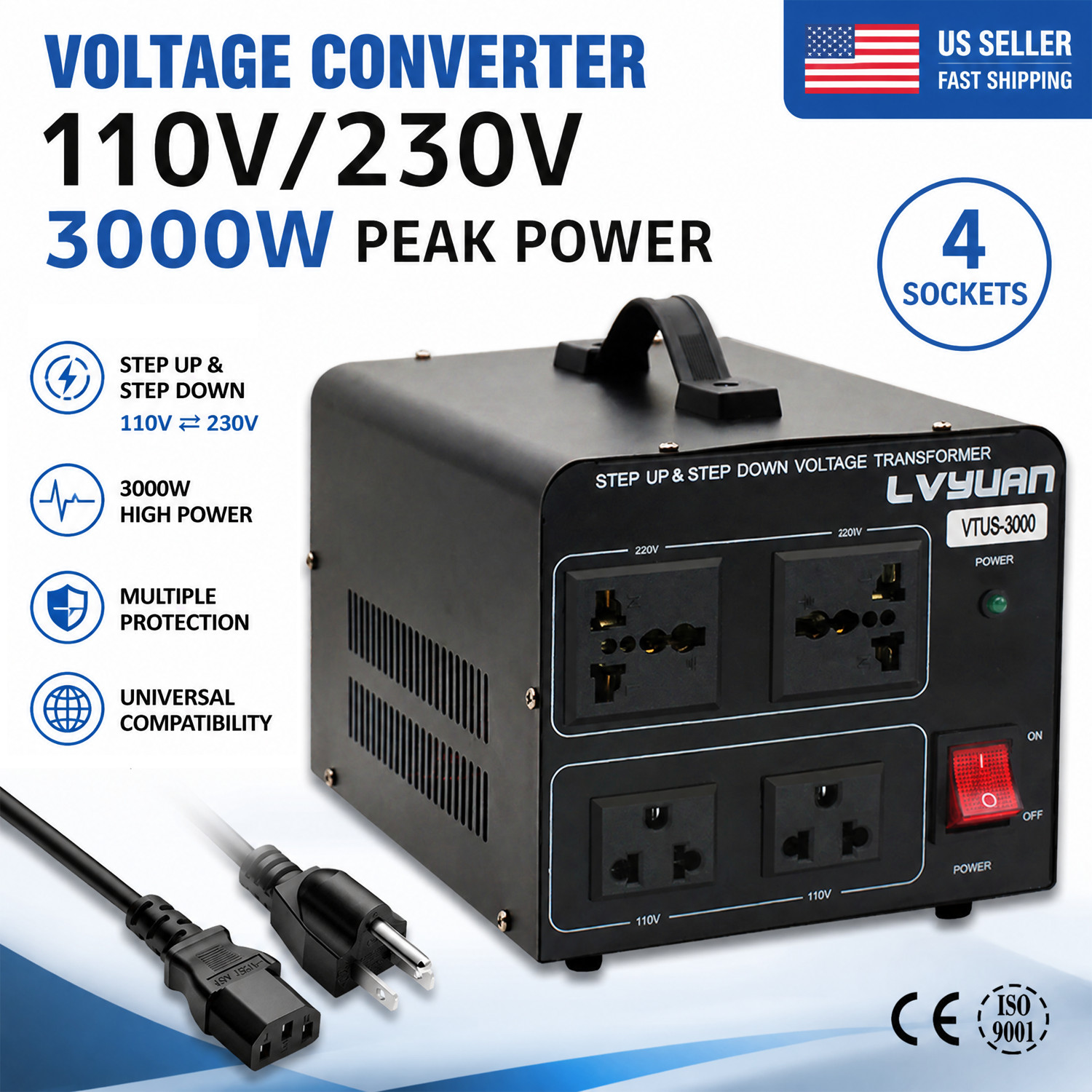 3000W Voltage Transformer Converter Step Up Down 110V 220V-240V Heavy Duty Power