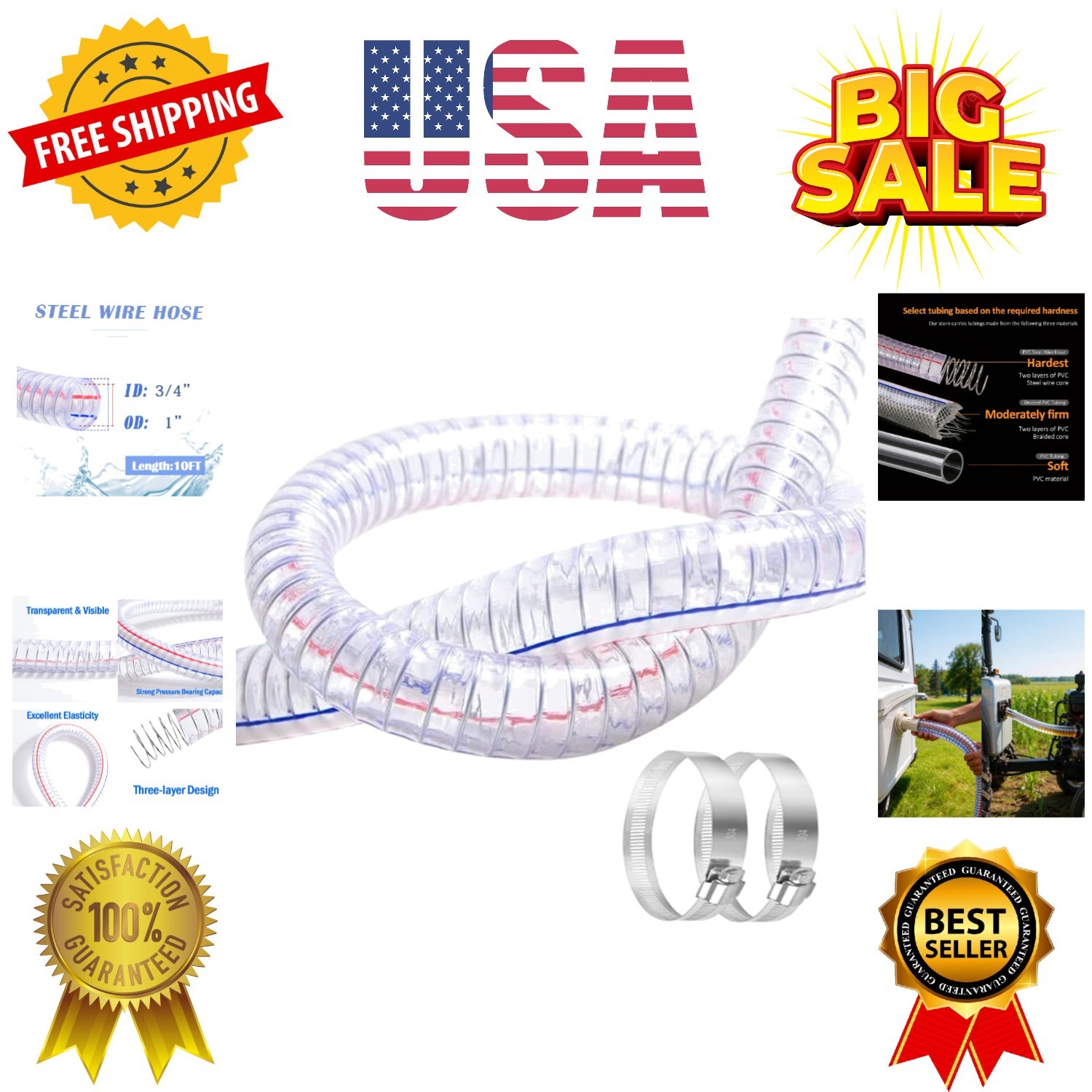 3/4″ ID x 1″ OD, 10FT length Steel Wire Hose PVC Vacuum Tubing with 2 Stainle…