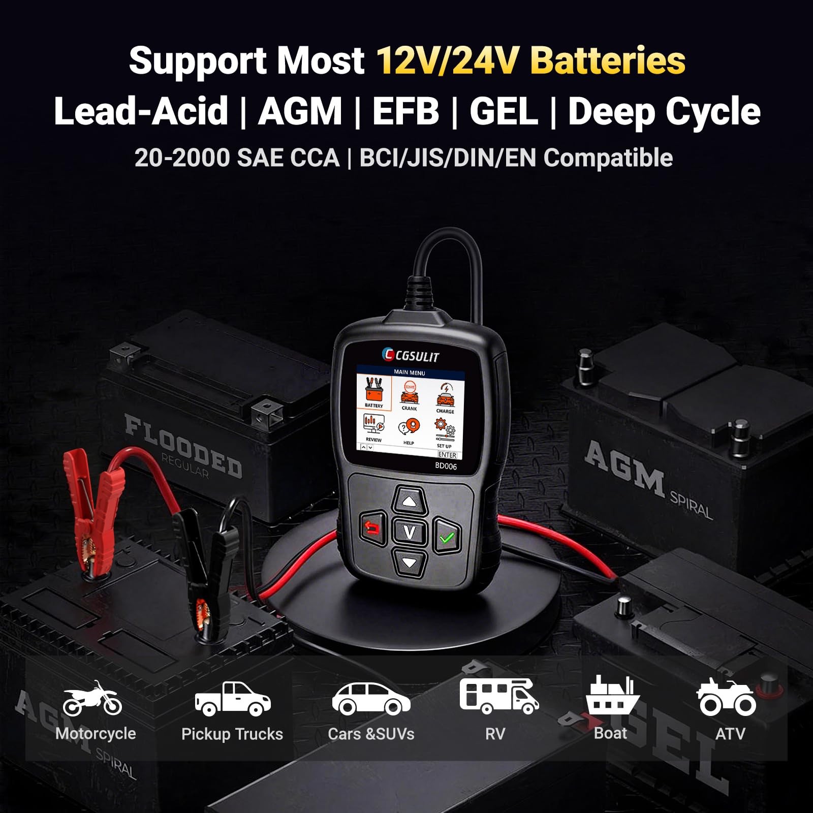 Car Battery Tester 12V/24V 20–2000CCA Automotive Battery Load Tester with Cra…