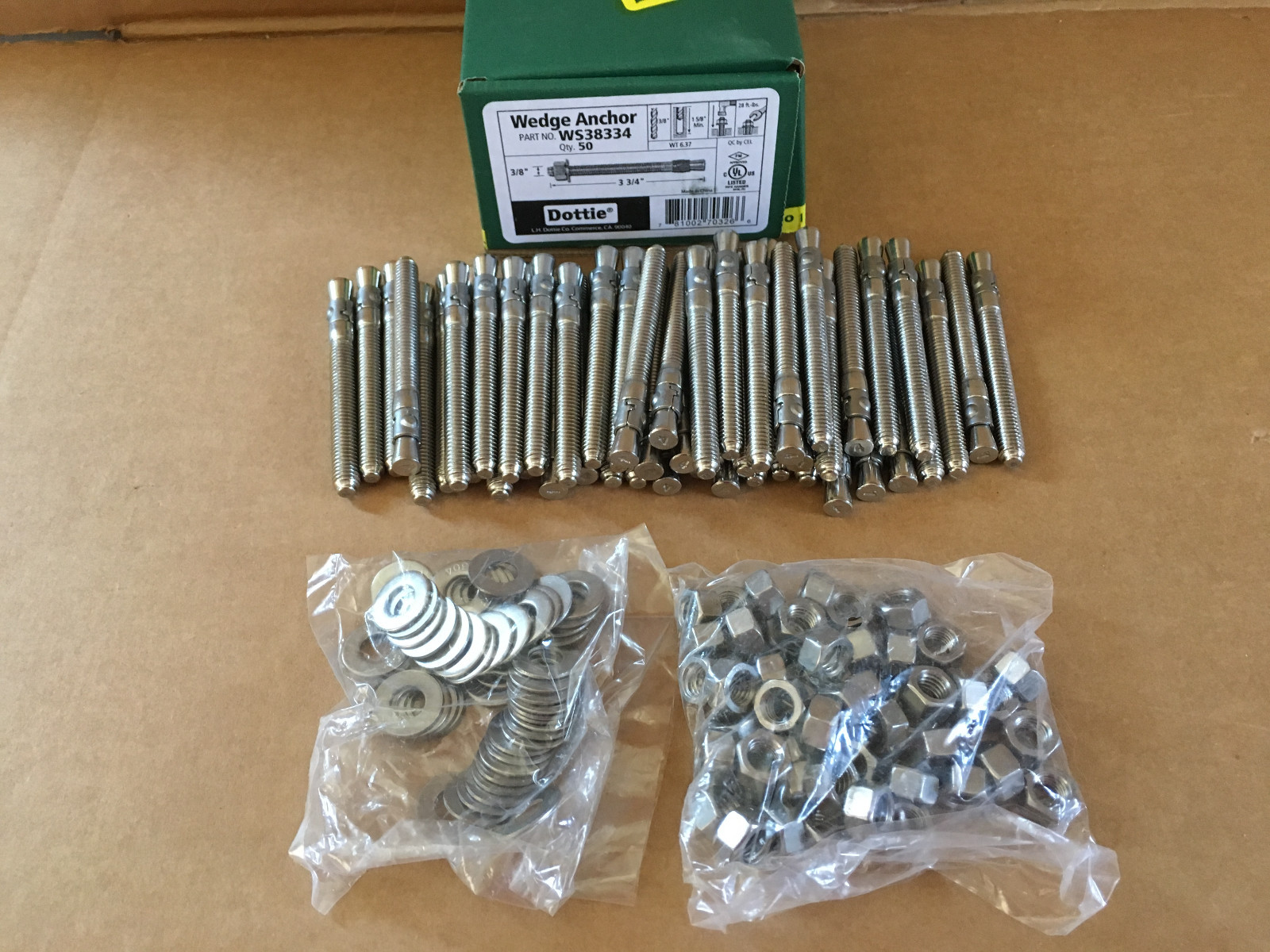 New Box (QTY 50) Dottie WS38334 3/8″ x 3 3/4″ Stainless Steel Wedge Anchor