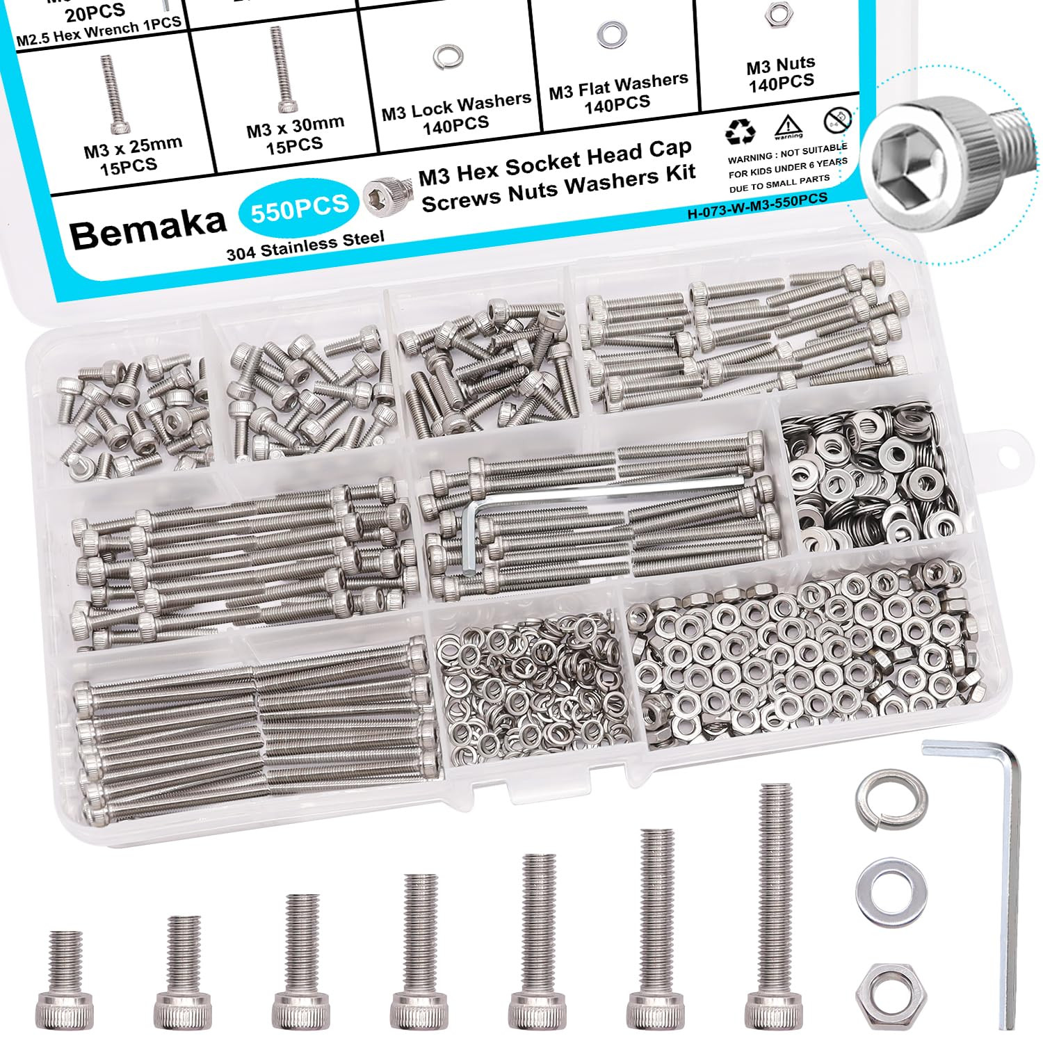 304PCS M5 Hex Socket Head Cap Screws Kit M5×8/12/16/20/30/35 mm Bolts, Nuts & Wa
