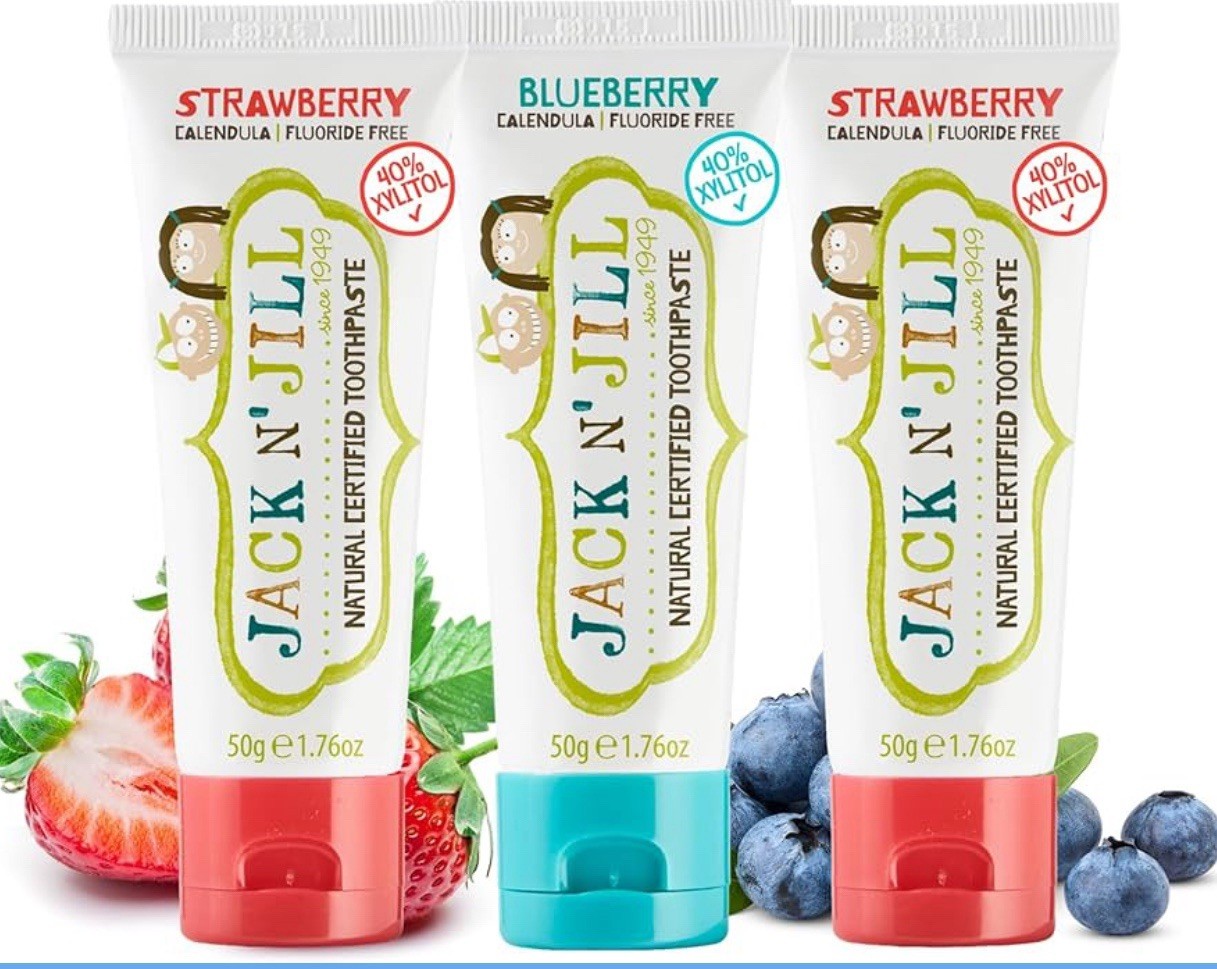 Jack N’ Jill Natural Toddler Toothpaste – Fluoride-Free, 40% Xylitol, 3-Pack