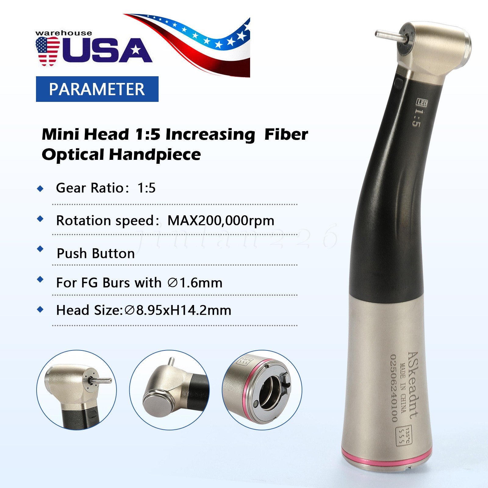 ASkeadnt Dental Electric Handpiece 1:5 Contra Angle Fiber Optic High Speed f/NSK