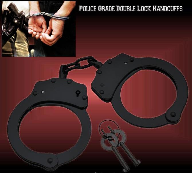 Black STEEL HAND Handcuffs POLICE CUFFS NEW Double Locking REAL DEAL w 2 KEYS