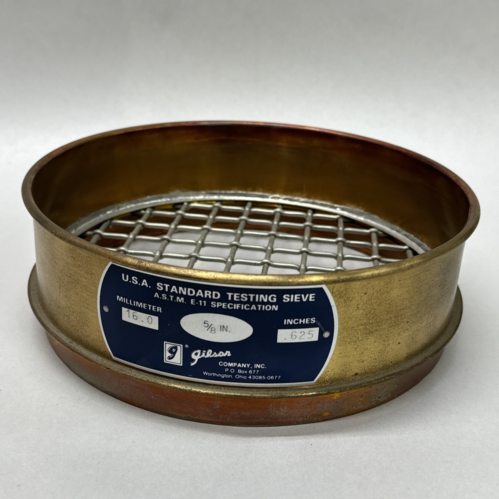 Gilson 8” Brass 0.625″ USA Standard Testing Sieve 16mm / 0.625” ASTM 5/8in