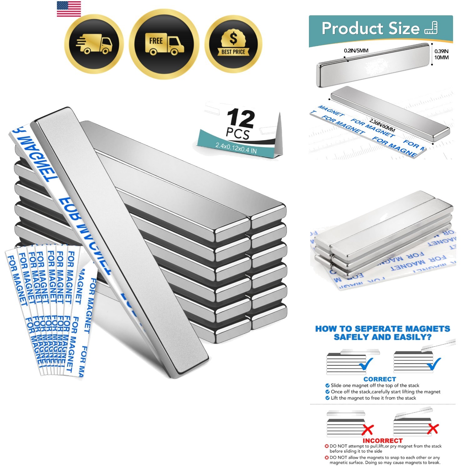 12 Pack Strong Neodymium Bar Magnets，Powerful Rare Earth Neodymium Magnets wi…