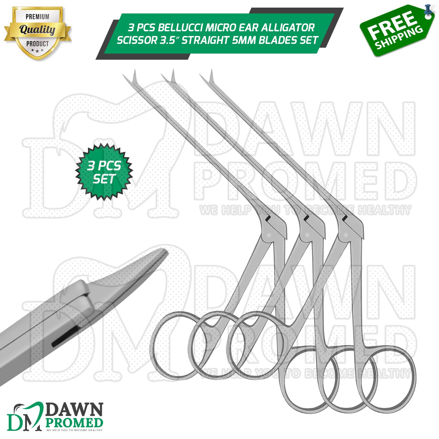 3 Pcs Bellucci Micro Ear Alligator Scissor 3.5″ Straight 5mm Blades ENT Set