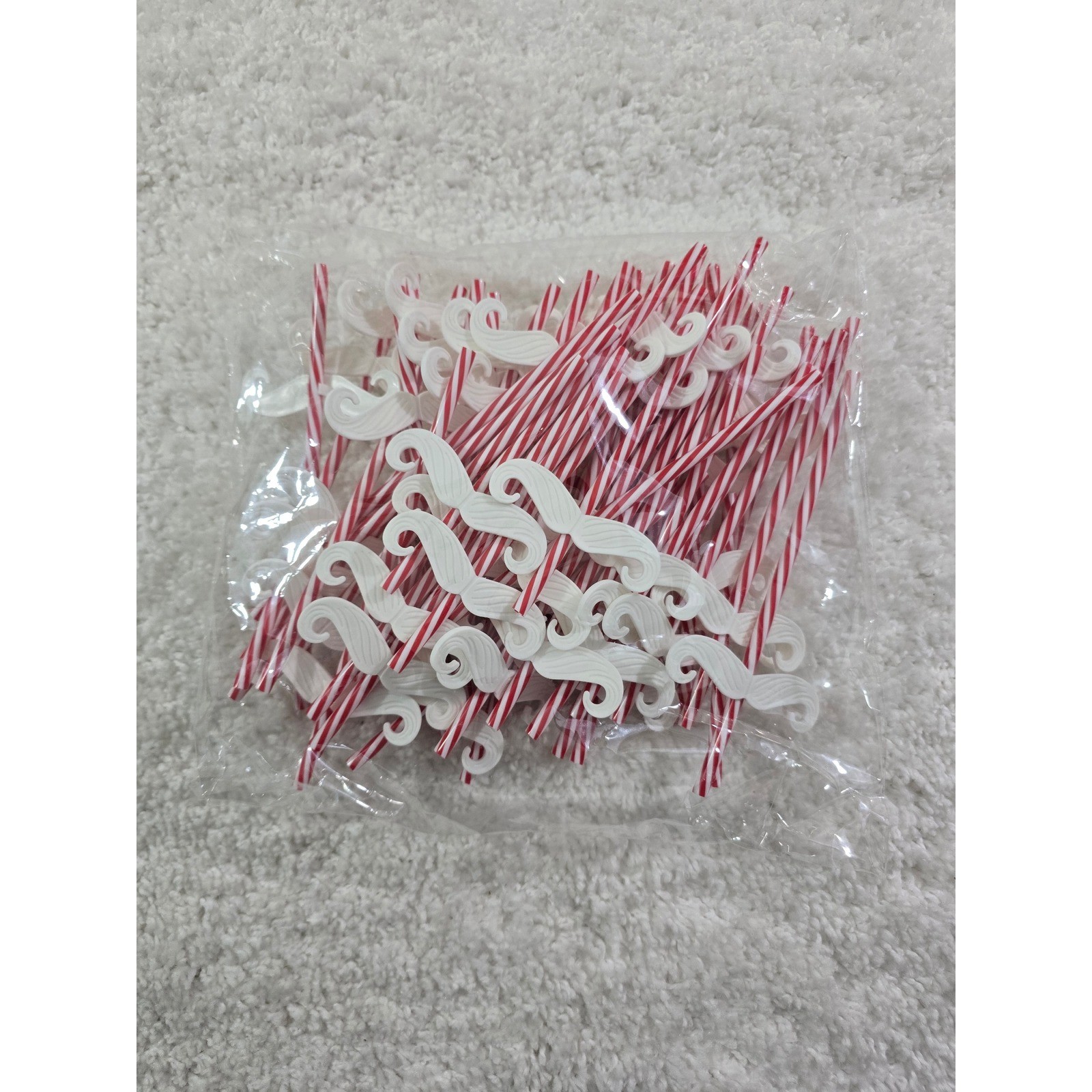 50 Pack Candy Cane Stripe Mustache Straws Red White Plastic Holiday Party Decor
