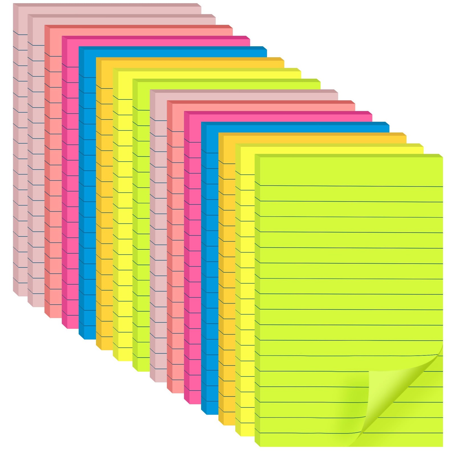Lined Sticky Notes 4×6 in, Red, Yellow, Orange, Green, Blue, Purple and Pink