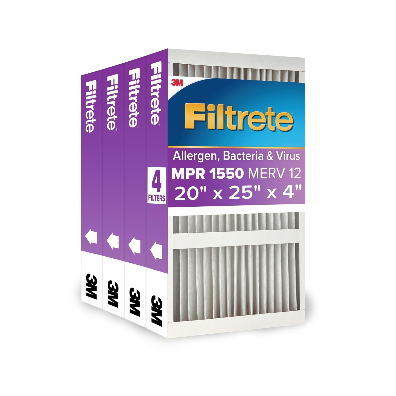 20x25x4 Air Filter MPR1550 MERV12 Electro 4-Pack 19.88×24.63×4.31