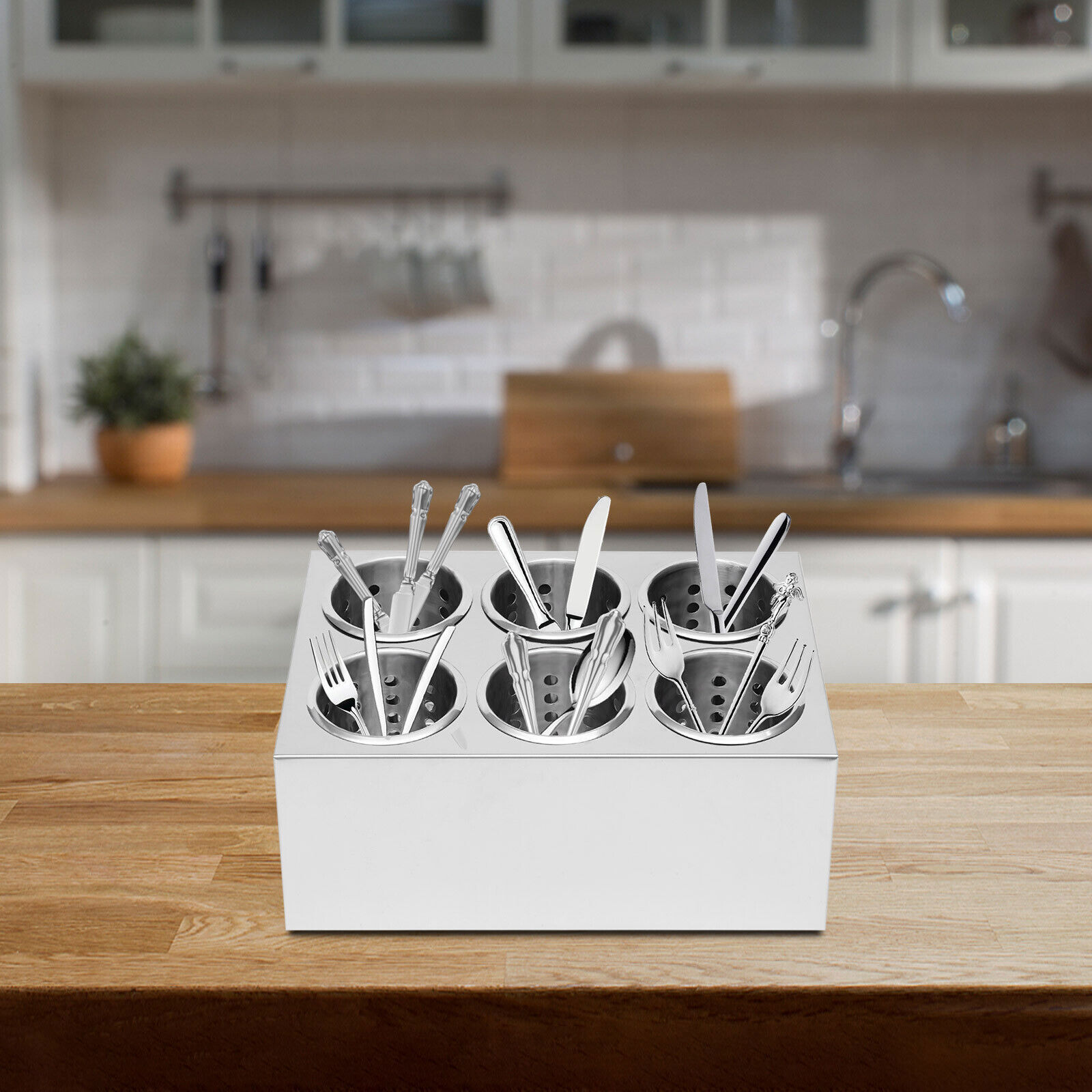 6-Holes Flatware Holder Commercial Stainless Steel Cylinder Flatware Restaurant