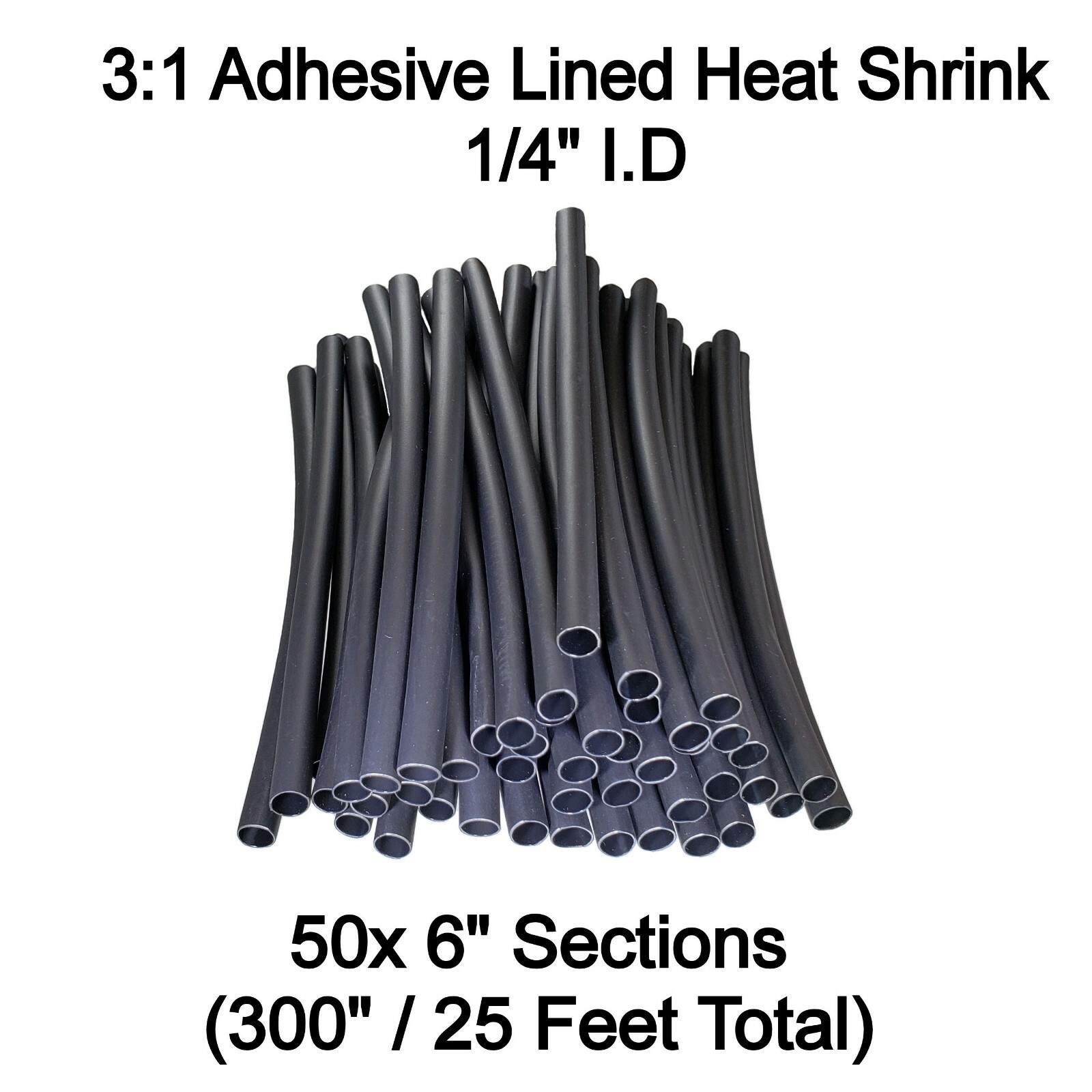 50 – 6″ Pcs 1/4″ Black 3:1 Heat Shrink Tubing Adhesive Lined Dual Wall (25 Feet)