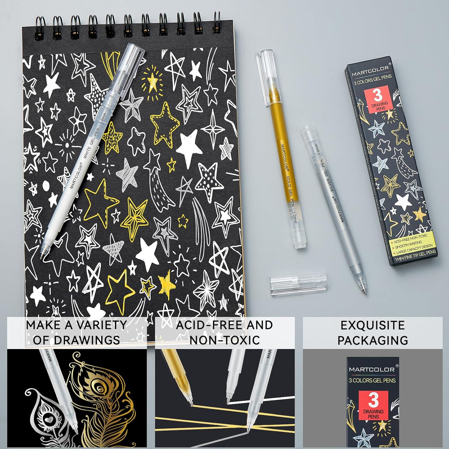 Gold Silver White Gel Pens 1mm Fine Point Gel Ink Pen Opaque Archival Ink Pens