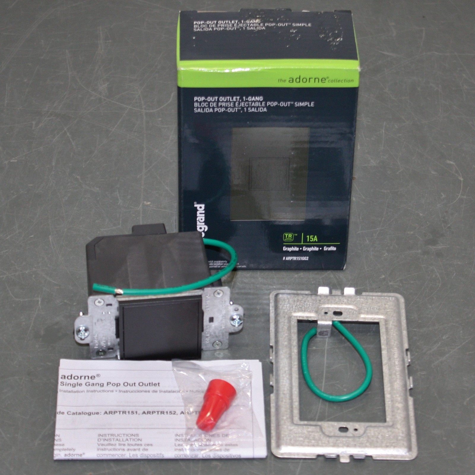 Legrand Pop-Out Outlet ARPTR151GG2, 125V AC, 15A, Single Gang, Graphite