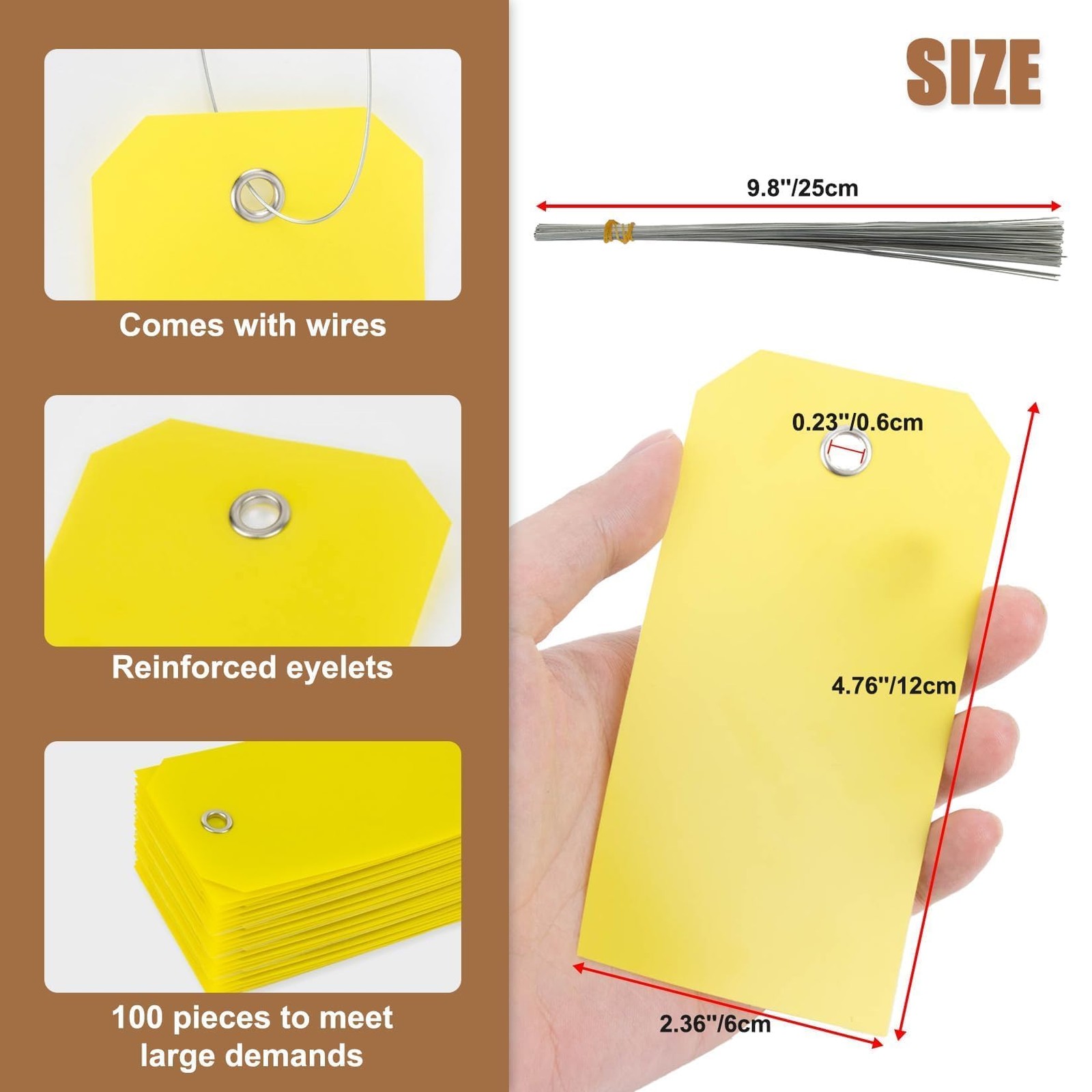 100pcs Plastic Tags with Wires – CARGEN 4 3/4 x 2 3/8 inches, Yellow