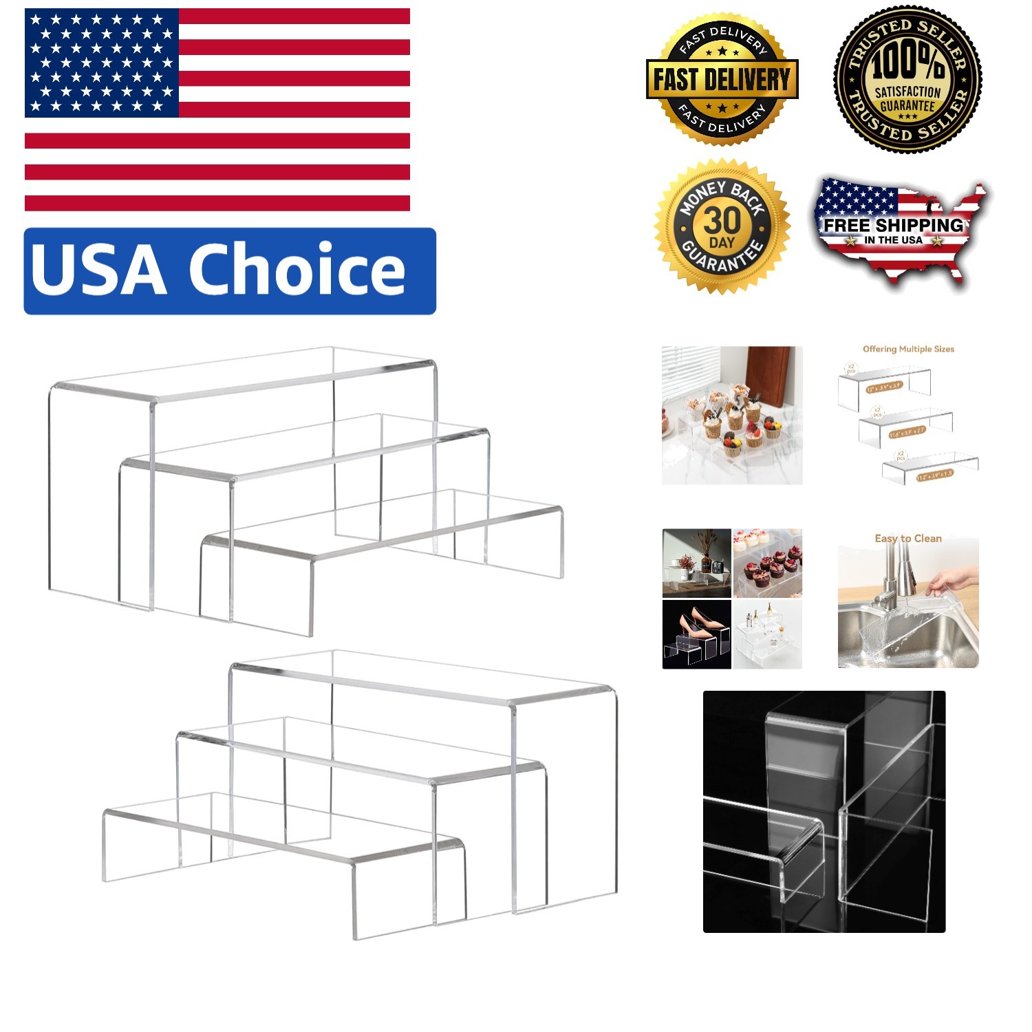 Elegant Large Acrylic Display Risers – 2 Sets, 3 Height Options for Collectibles