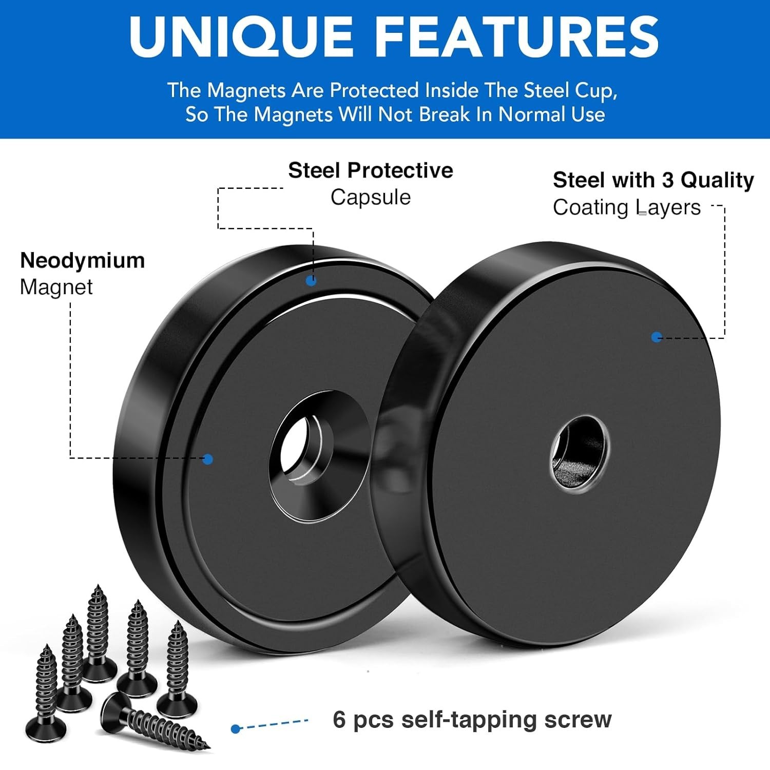 Heavy Duty Magnets with Hole 150LB Strong Neodymium Wall Mount Magnets 6 Pack