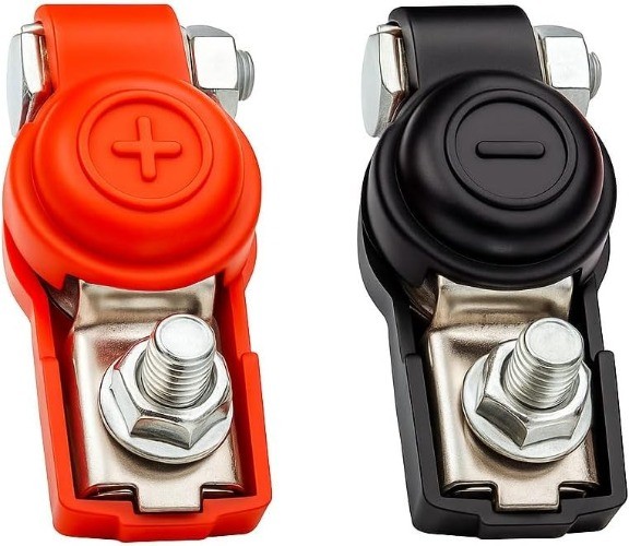 Red and Black 12V Automotive Battery Terminal Connectors with Protective Covers