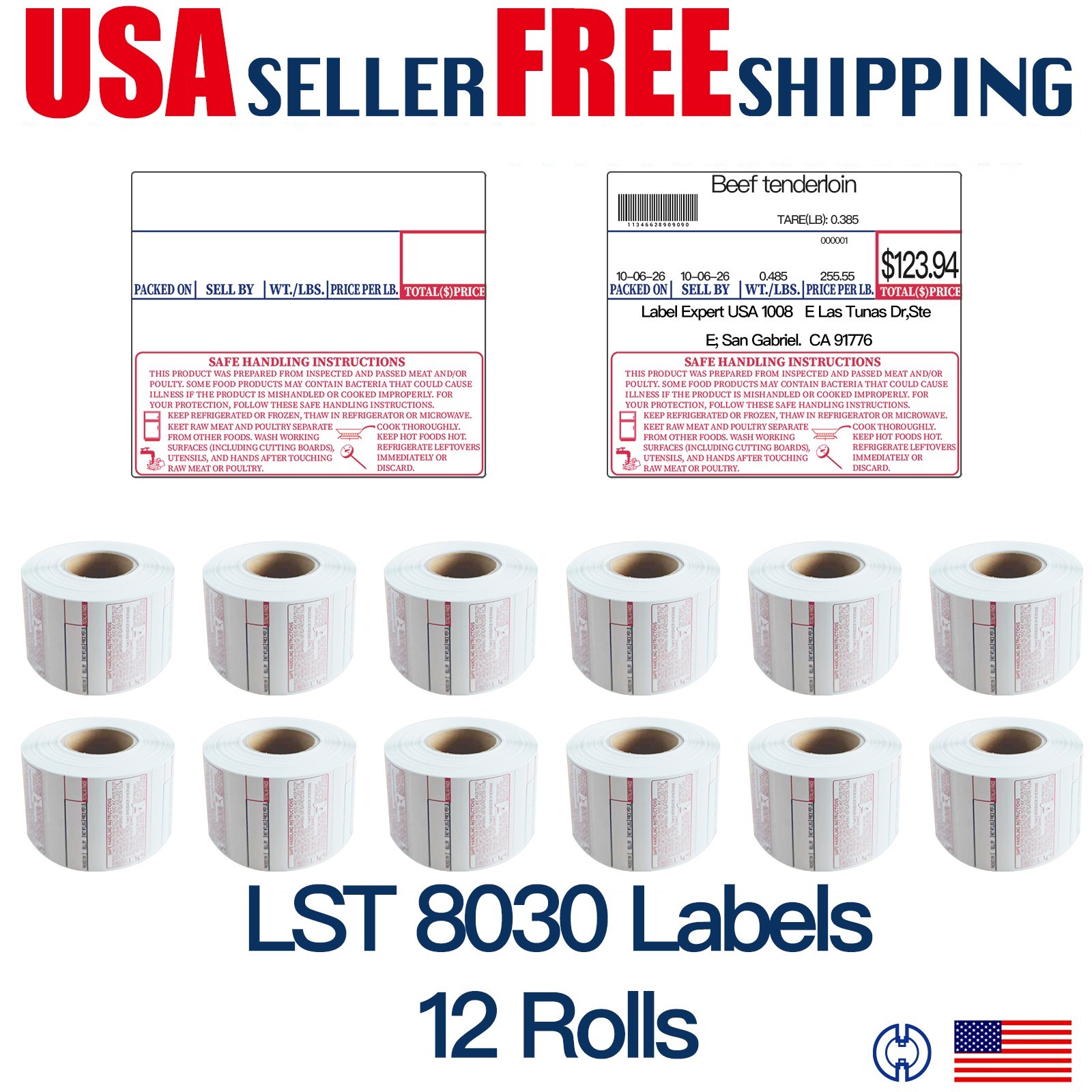 CAS LST-8030 Printing Scale Label, 58 x 50 mm, UPC/Safe Handling, 12 Rolls H