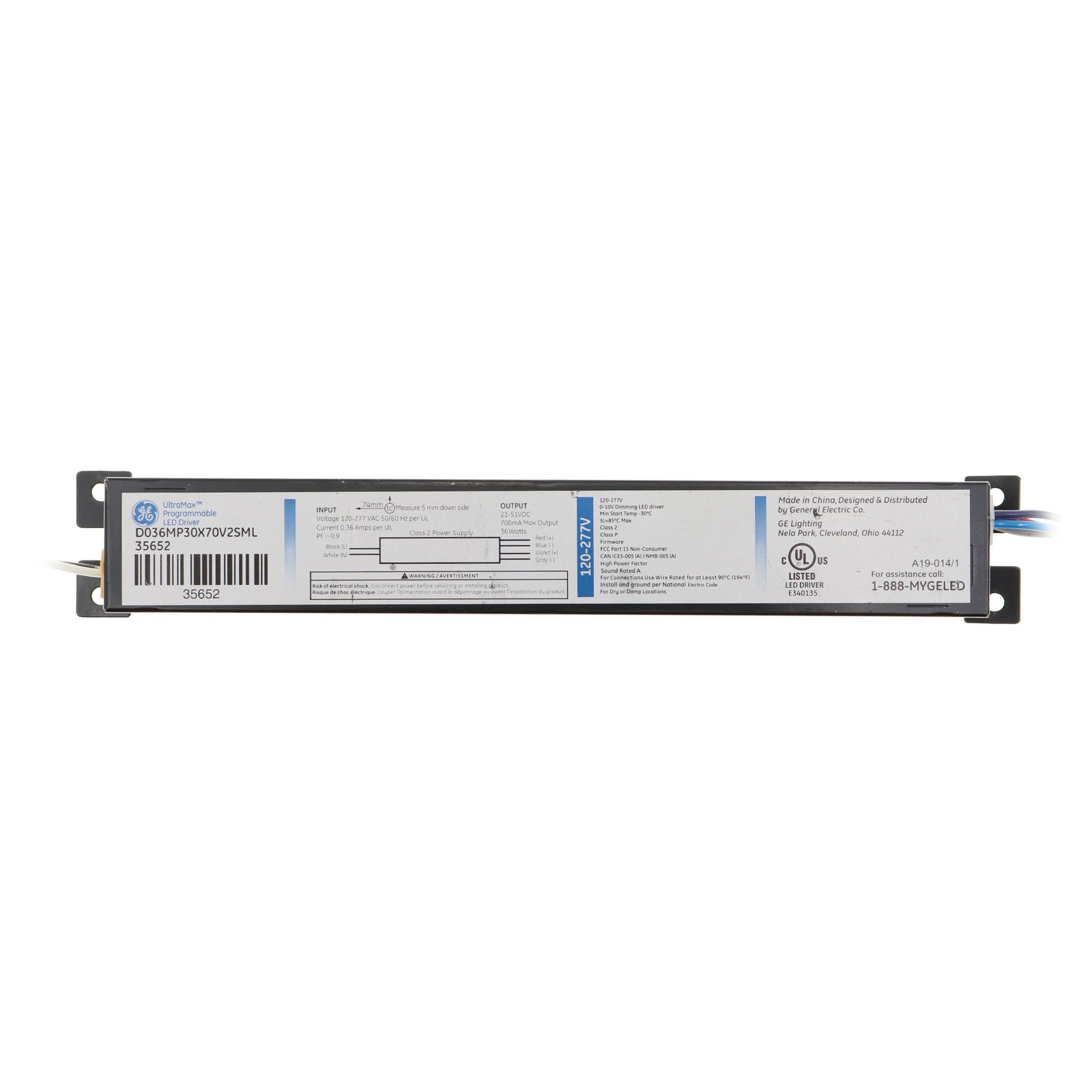GE D036MP30X70V2SML 35652 DIMMABLE LED DRIVER, 21-51VDC, 36W, 700MA, 0-10V