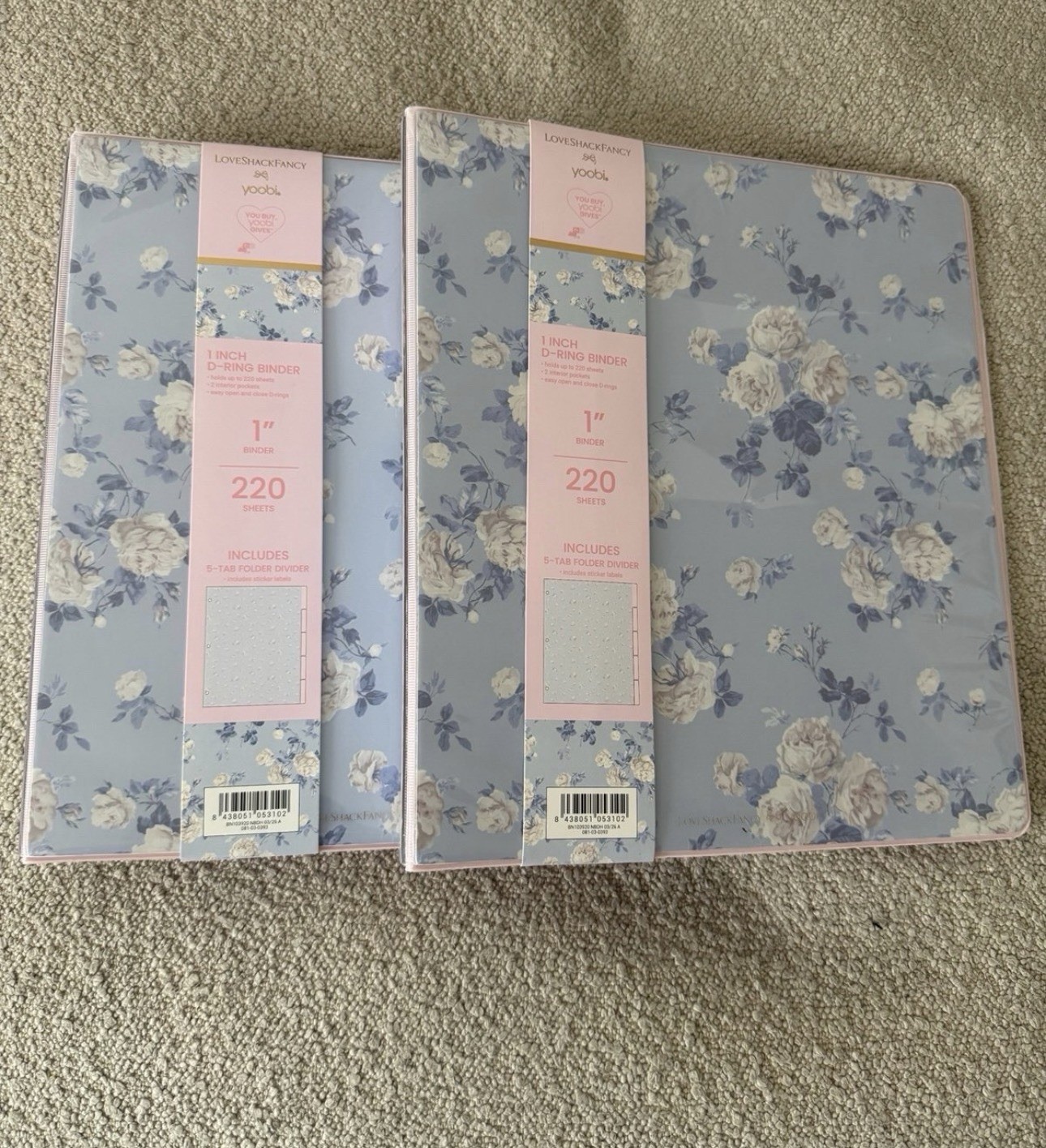 Yoobi LoveShackFancy set of 2 blue binders D-Ring 220 Sheets Dividers, 1 in