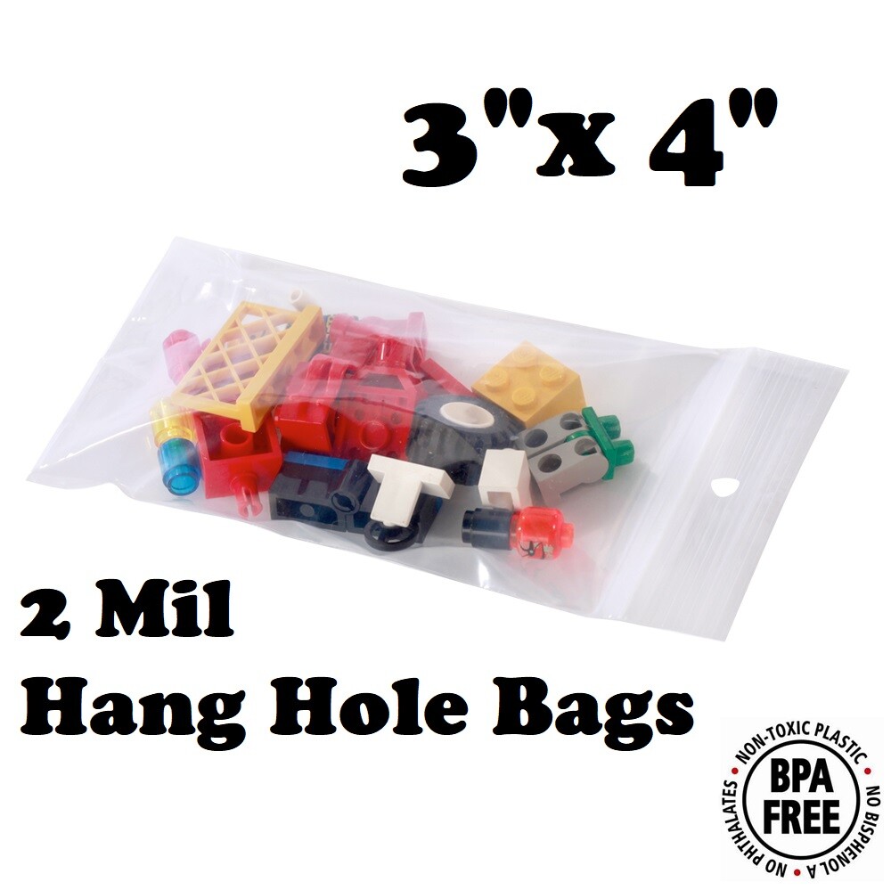 3″ x 4″ Zip Seal Reclosable 2Mil Plastic Top Lock Bags Hang Hole Jewelry 2 Mil