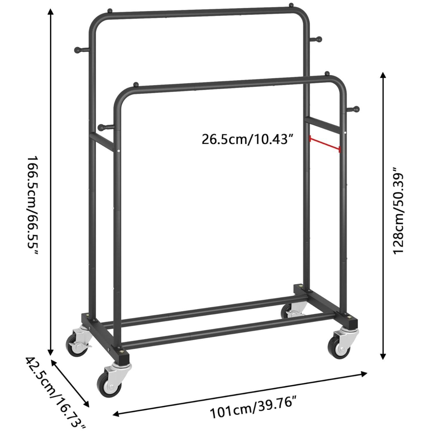 Black Double Rods Garment Rack with Wheels – 150lbs Capacity