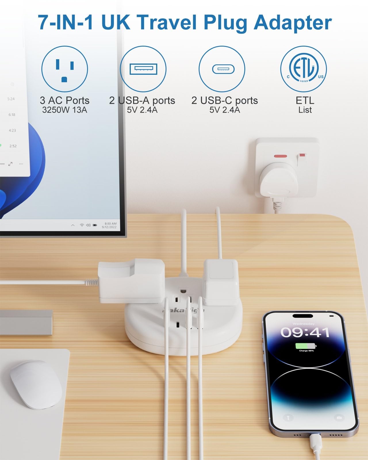 UK Adapters for Travel(13A), US to UK Plug Adapter with 3 Outlets 4 USB Ports…
