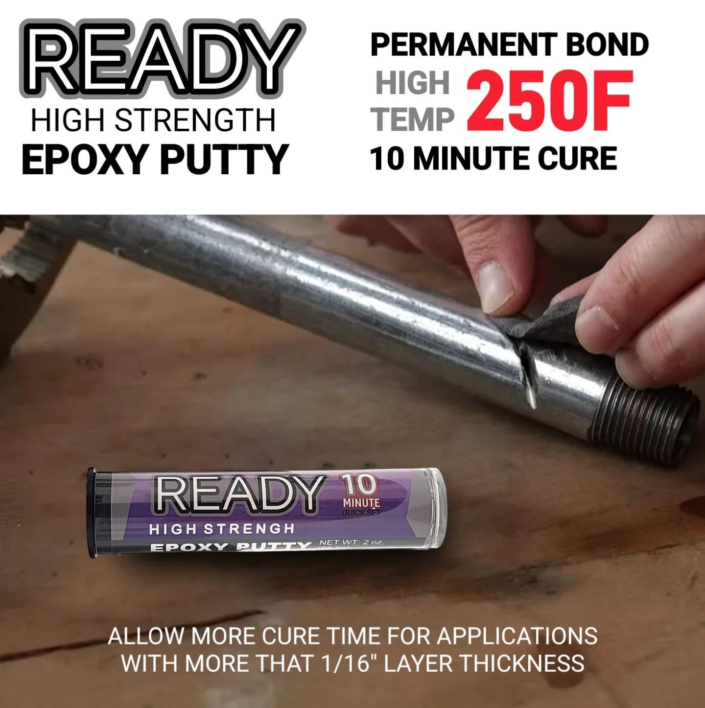 Ready High Strength Premium Epoxy Putty, 10 Minute Quick Set, Gray when mixed