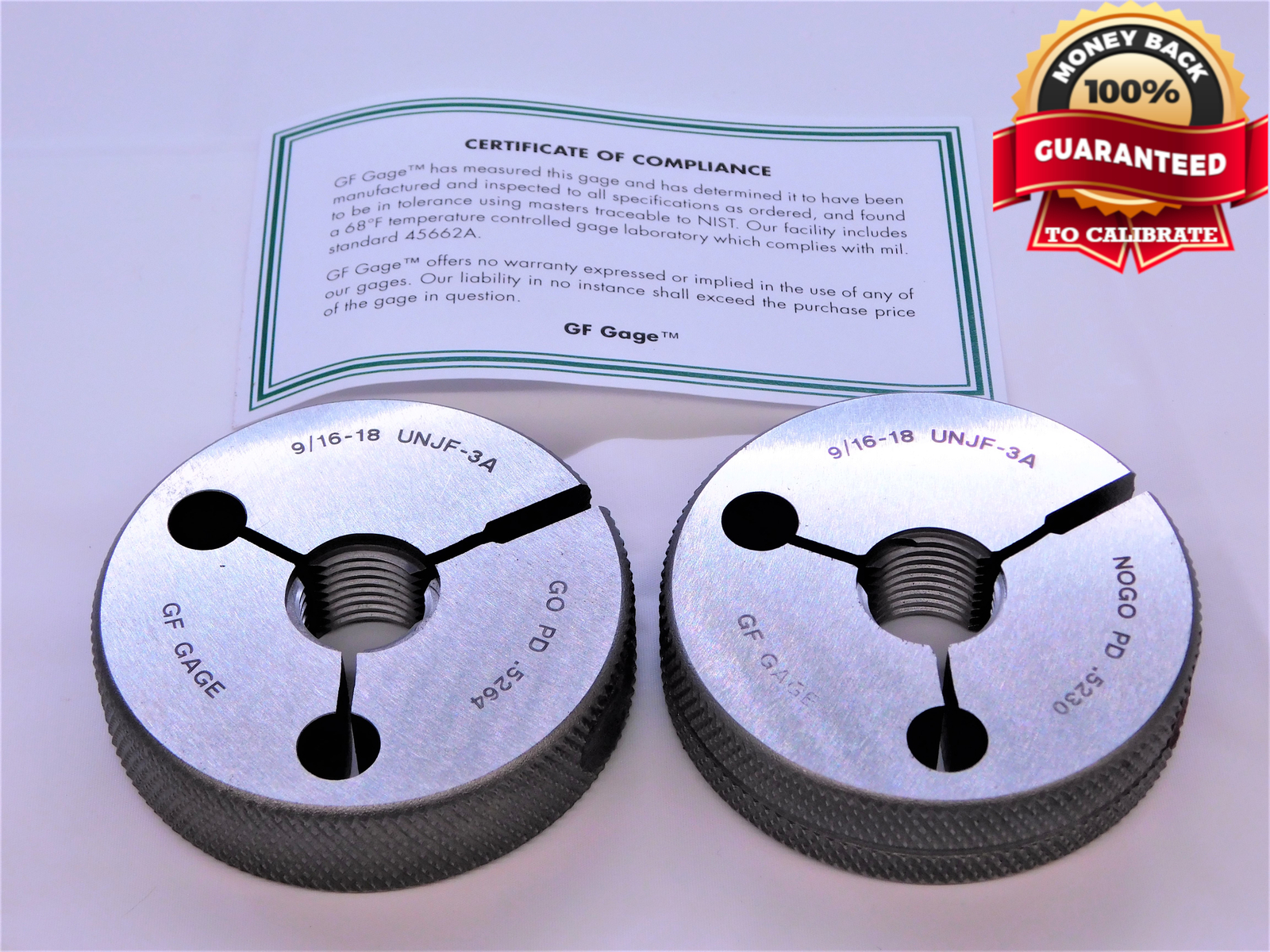 NEW 9/16 18 UNJF 3A THREAD RING GAGES .5625 GO NO GO P.D.’S = .5264 & .5230