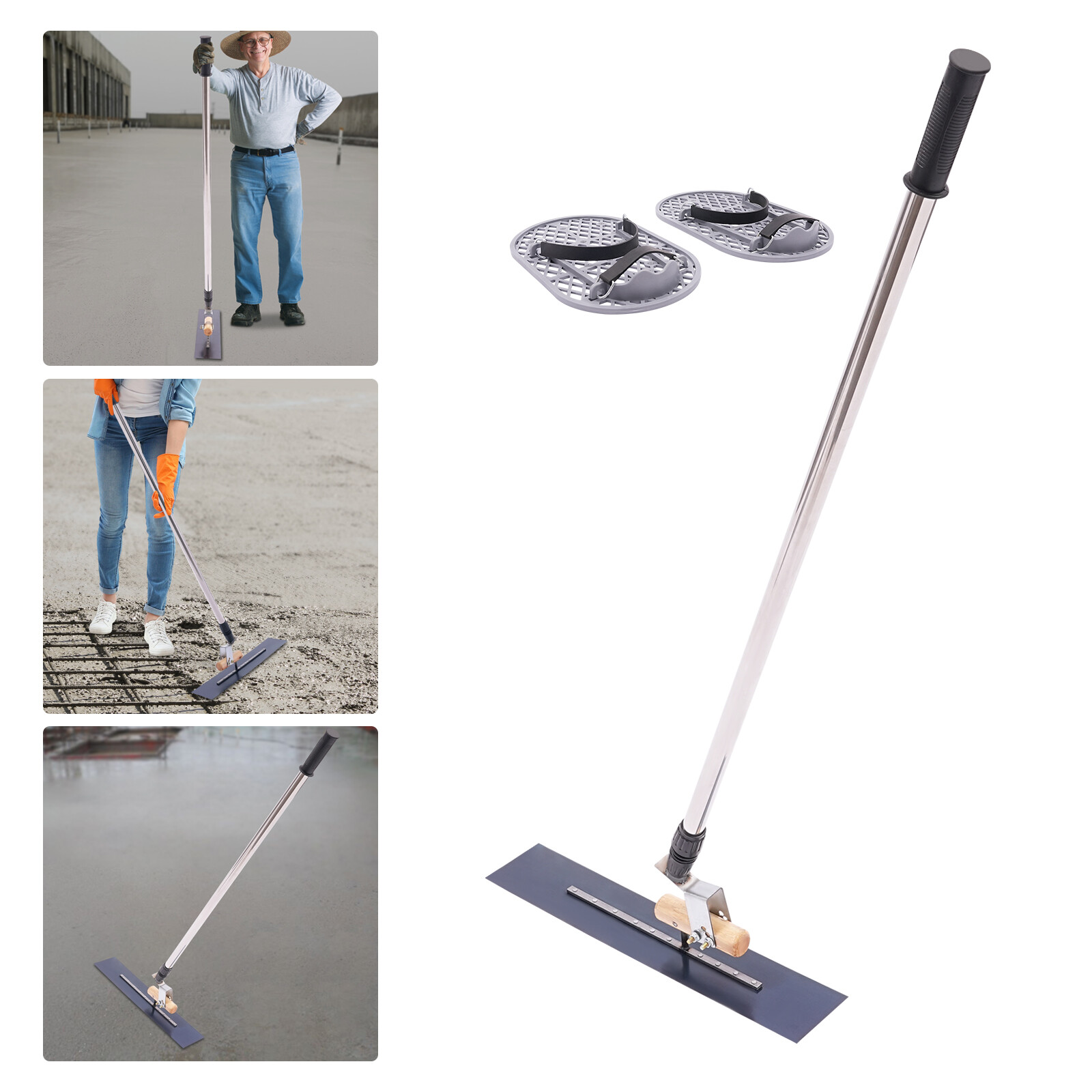 Long Handle Concrete Trowel Cement Surface Smoothing Tool w/ Finishing Shoes NEW