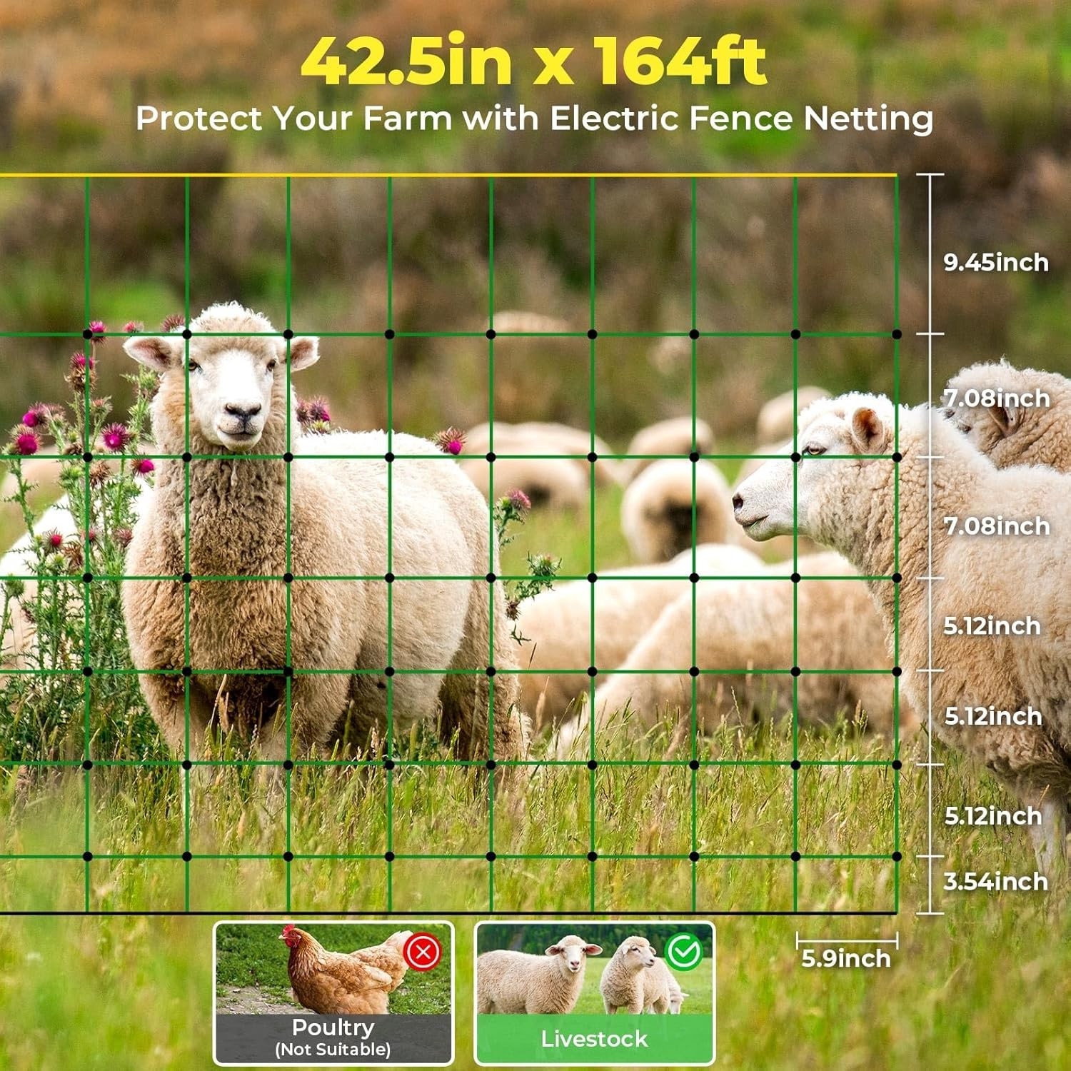 Electric Fence Netting 164ft x 42in Portable Livestock Goat Sheep Cattle