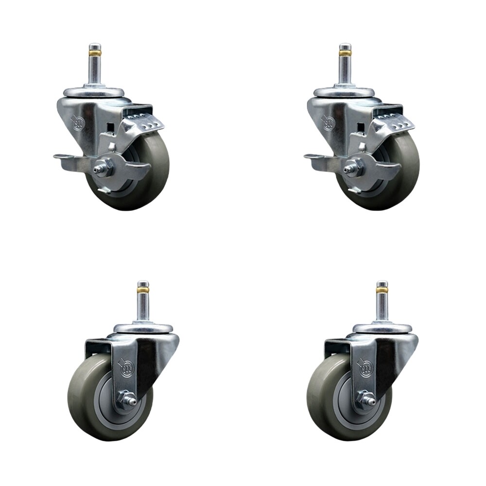 3 Inch Gray Poly Wheel Swivel 7/16 Inch Grip Ring Stem Caster Set 2 Brakes