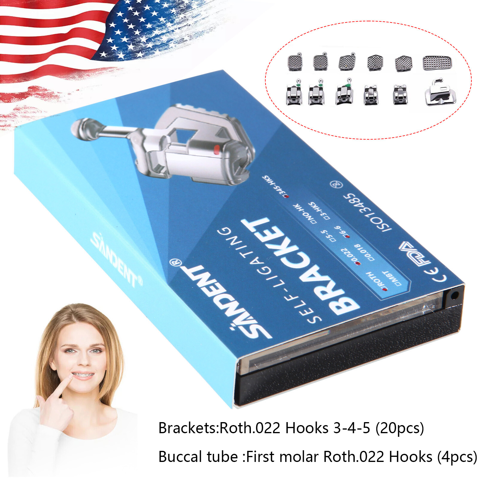 Dental Orthodontic Self-Ligating Brackets Braces Roth 022 Hooks 345&Buccal Tubes