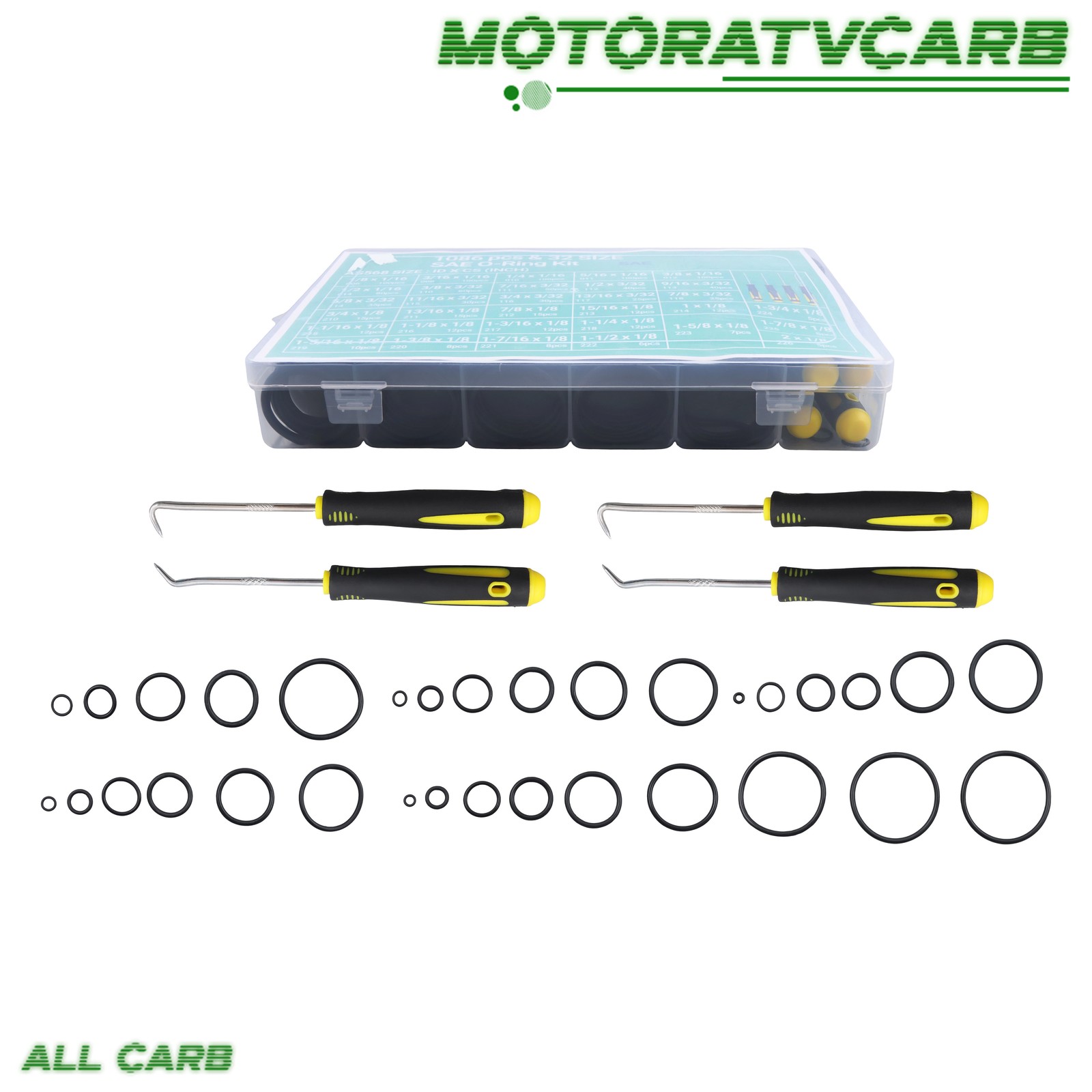 ALL-CARB 1086Pcs 32Size SAE O Ring Assortment Kit with 4 Pick & Hook, ID:1/8”-2”