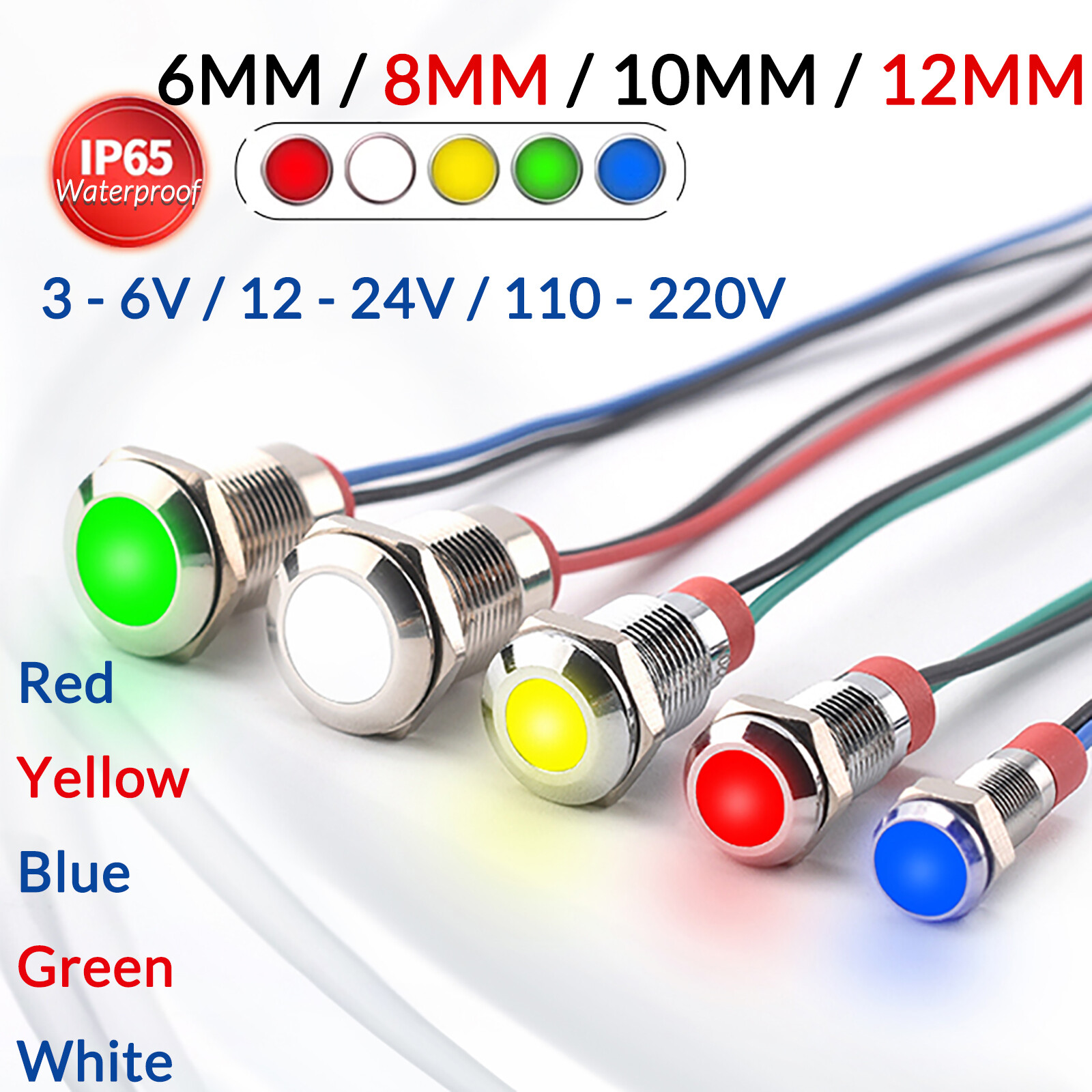 Round LED Waterproof 6mm 8mm 10mm 12mm 3V 5V 12V 24V 220V Red,White,Blue,Yellow