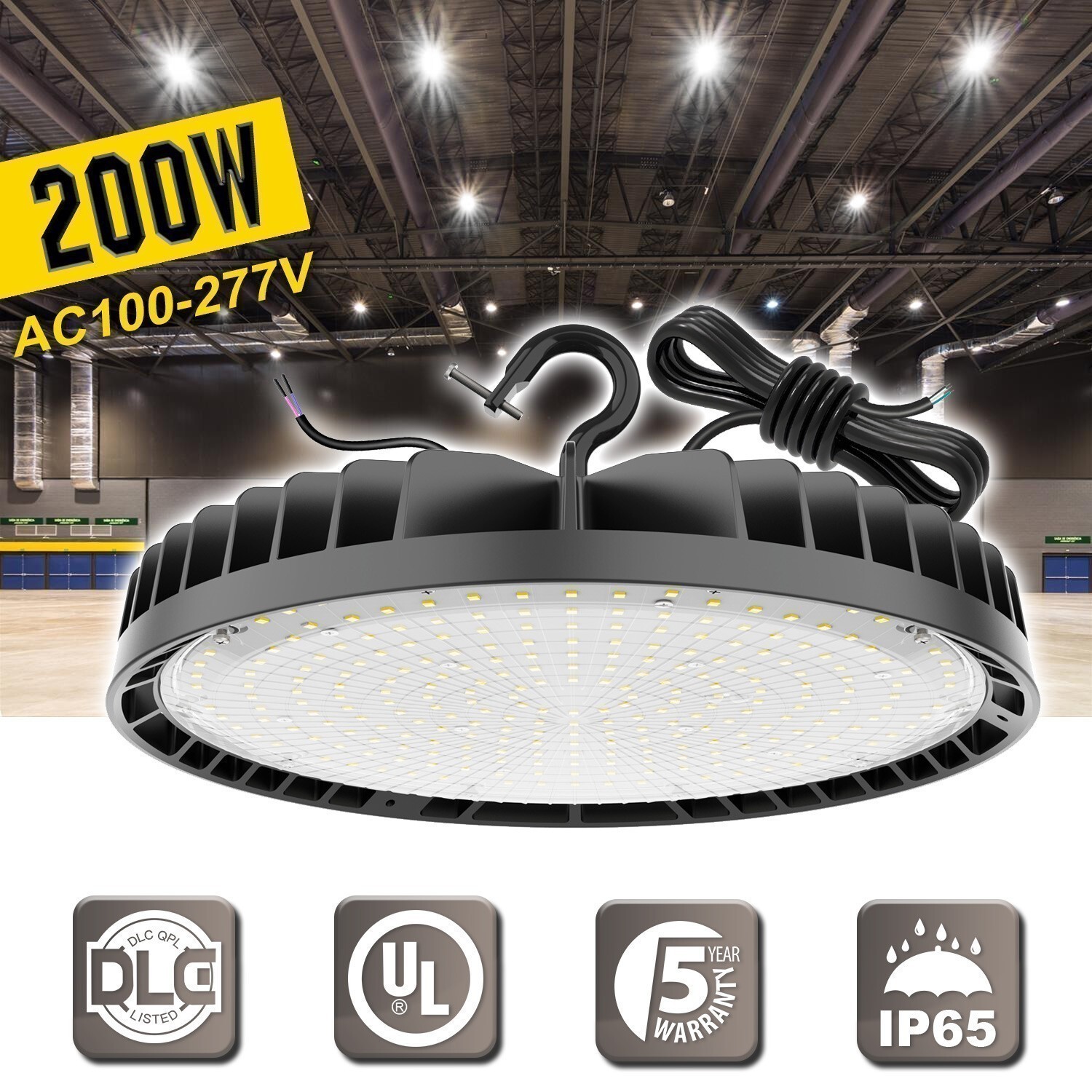 200W UFO Led High Bay Light Factory Warehouse Commercial Light Dimmable 5000k