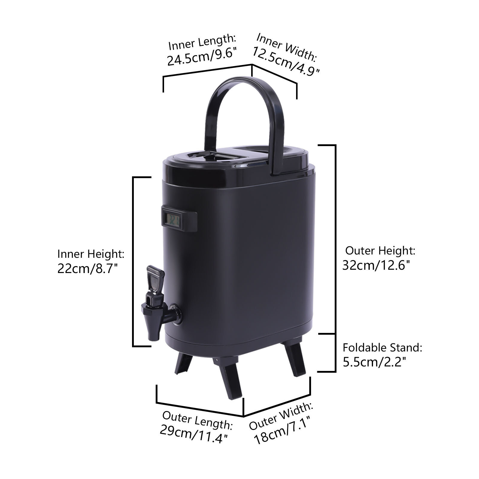 11.42*7.09*12.6in 2.11Gal Black Oval Insulated Beverage Dispenser W/ Thermometer