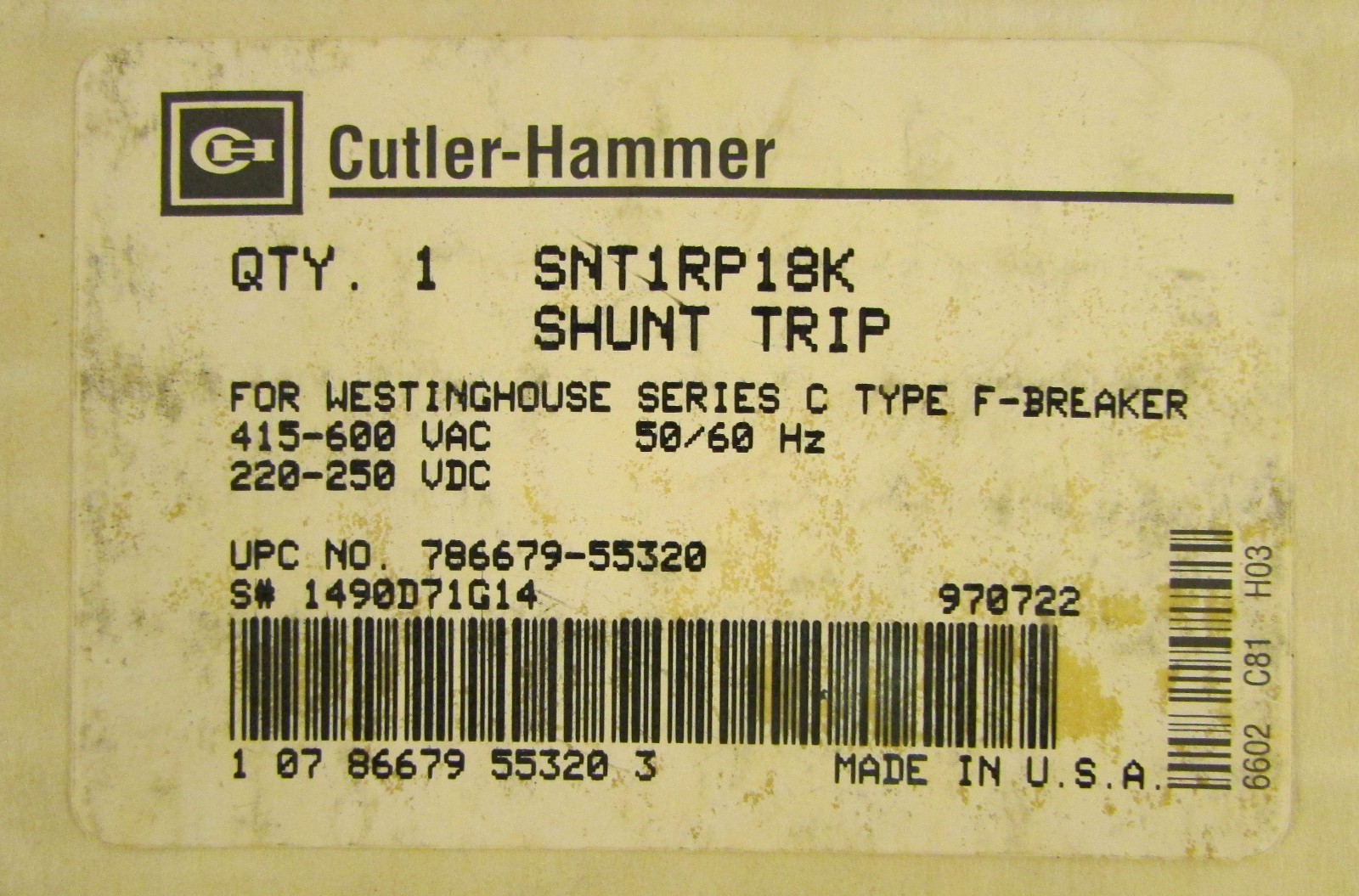 CUTLER HAMMER SNT1RP18K F Frame Shunt Trip 415-600 VAC 220-250 VDC 1490D71G14