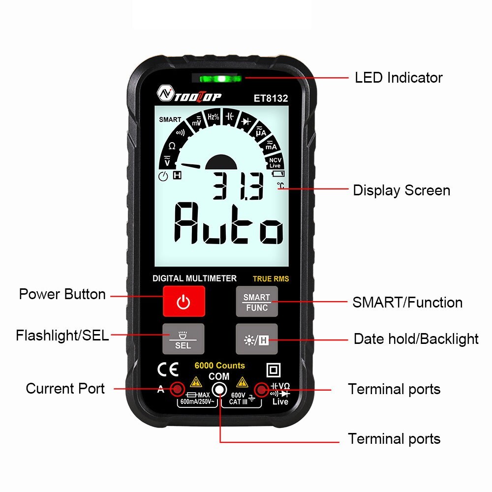 ET8132 600V 600mA 6000 Counts Digital Multimeter for NCV/ Live Wire my23